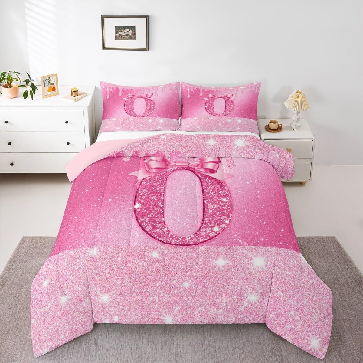 jejeloiu Pink Glitter Bow Comforter Set Twin Size Coquette Bowknot Birthday Month Bedding Set for Boys Girls Cute Themed Duvet Quilt Personalized Number 0 Anniversary Decor 2 Pcs with 1 Pillow Cases