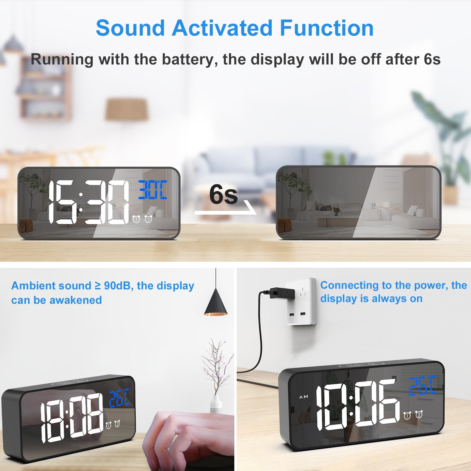 CHEREEKI Sveglia digitale, sveglia digitale con sveglia, doppio allarme digitale con temperatura, 4 luminosità regolabile, funzione snooze, porta di ricarica USB, 12/24 ore, 13 musica (nero)