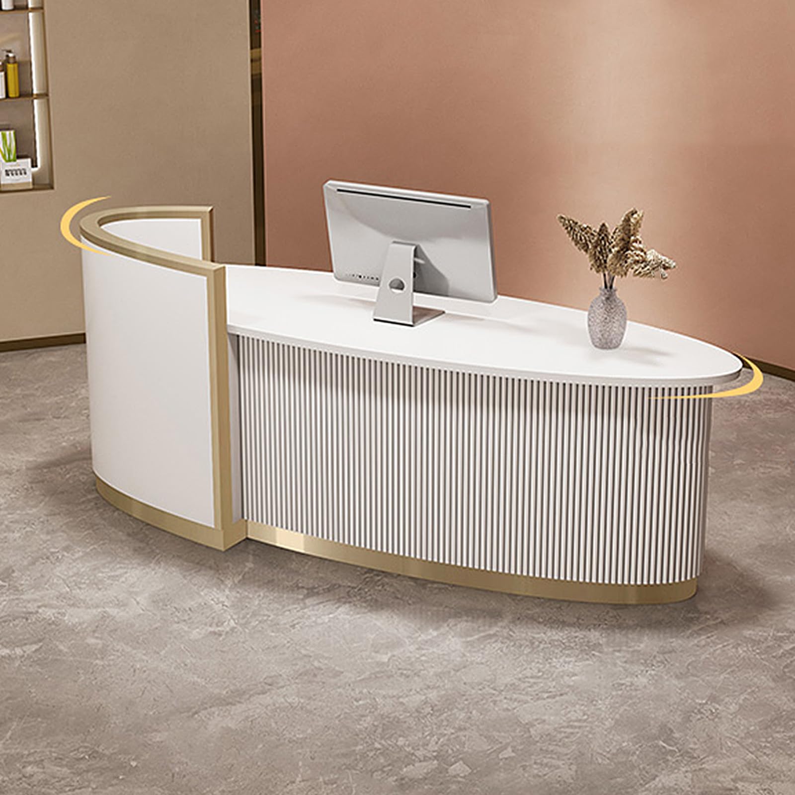 Front Desk Reception Counter, Negotiation Table, Front Desk Customized Logo & Metal Framework, Checkout Counter Stylish with Solid Wood Material, Large Space, Curved with Counter f