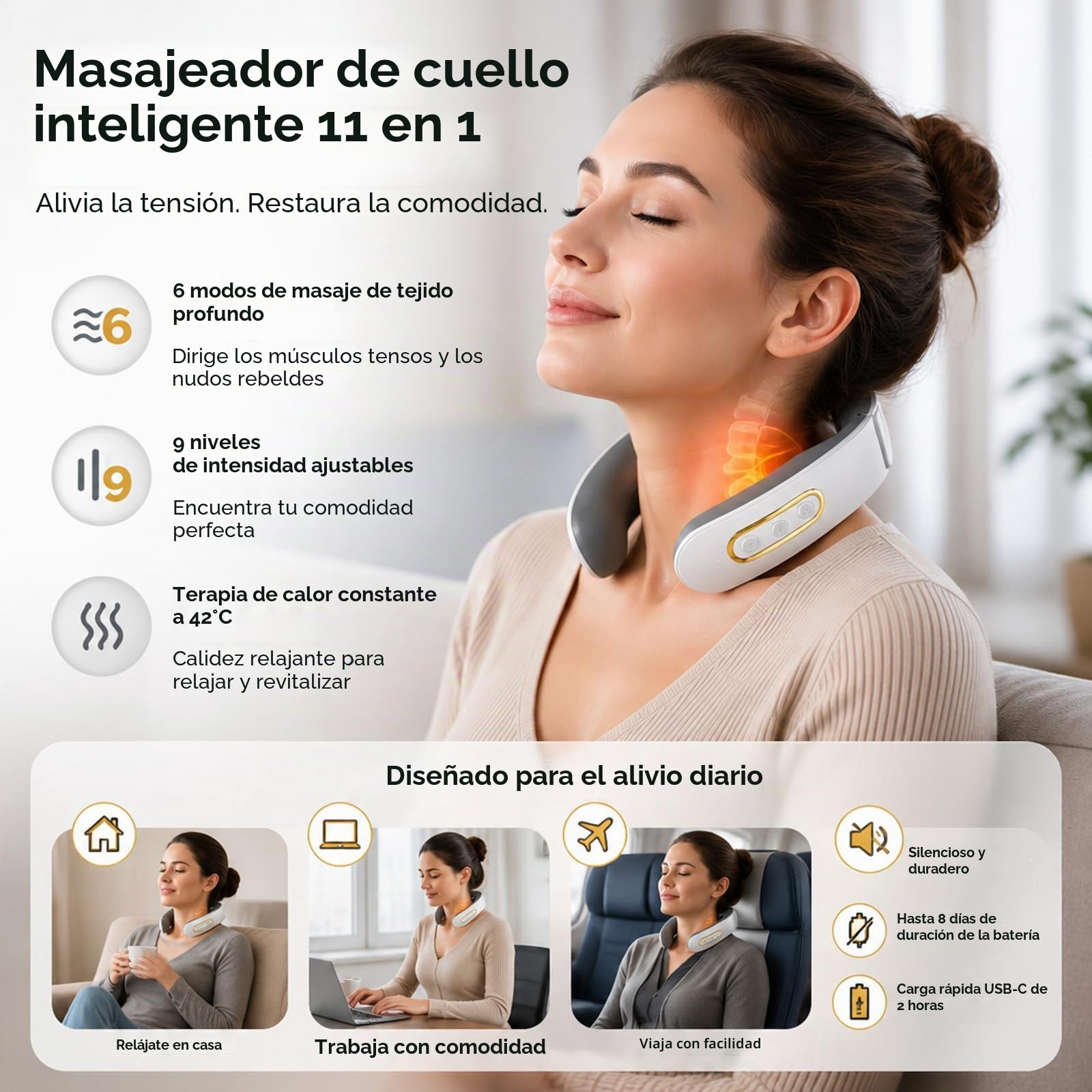 Neuroneck Pro Masajeador Cervical 11 En 1 Con Calor 42°c, 6 Modos De Masaje Y 9 Niveles De Intensidad, Diseño Ergonómico Portátil Con Batería Recargable (Red)