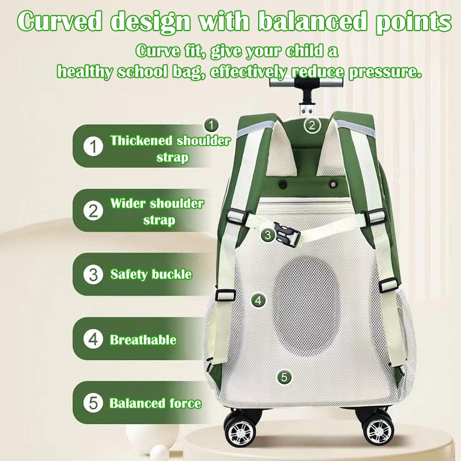 zaino con Rotelle Bambina Trolley Zainetto Asilo Scuola Elementare Primaria 18” a Media Elementare Carrello Ruote Valigia Cavalcabile per Bambini Rullo Girevole Verde