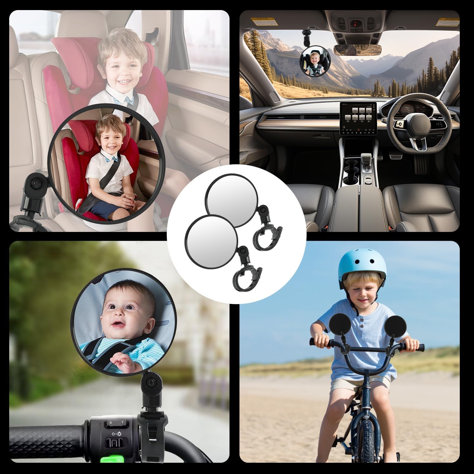 2 PCS Espejos para Cochecito, Espejo Coche Bebé, Espejo Retrovisor Coche Bebé, 360° Rotación Ajustable, Retrovisores Bicicleta Nylon HD para Manillar de 15 a 35 mm Barrera de Seguridad Cochecito