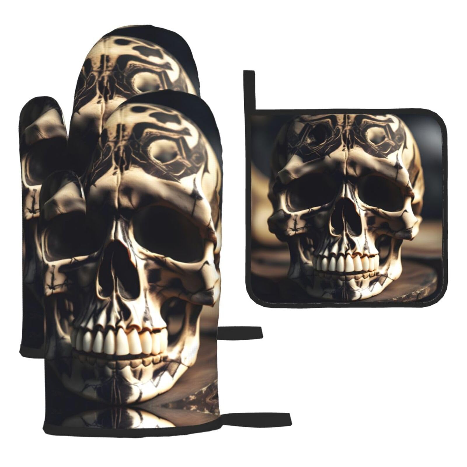 Skull Rock Roll Skeleton Bone Print Oven Mitts and Pot Holders Sets of 4,Resistant Hot Pads with Non-Slip Gloves for Kitchen,Cooking