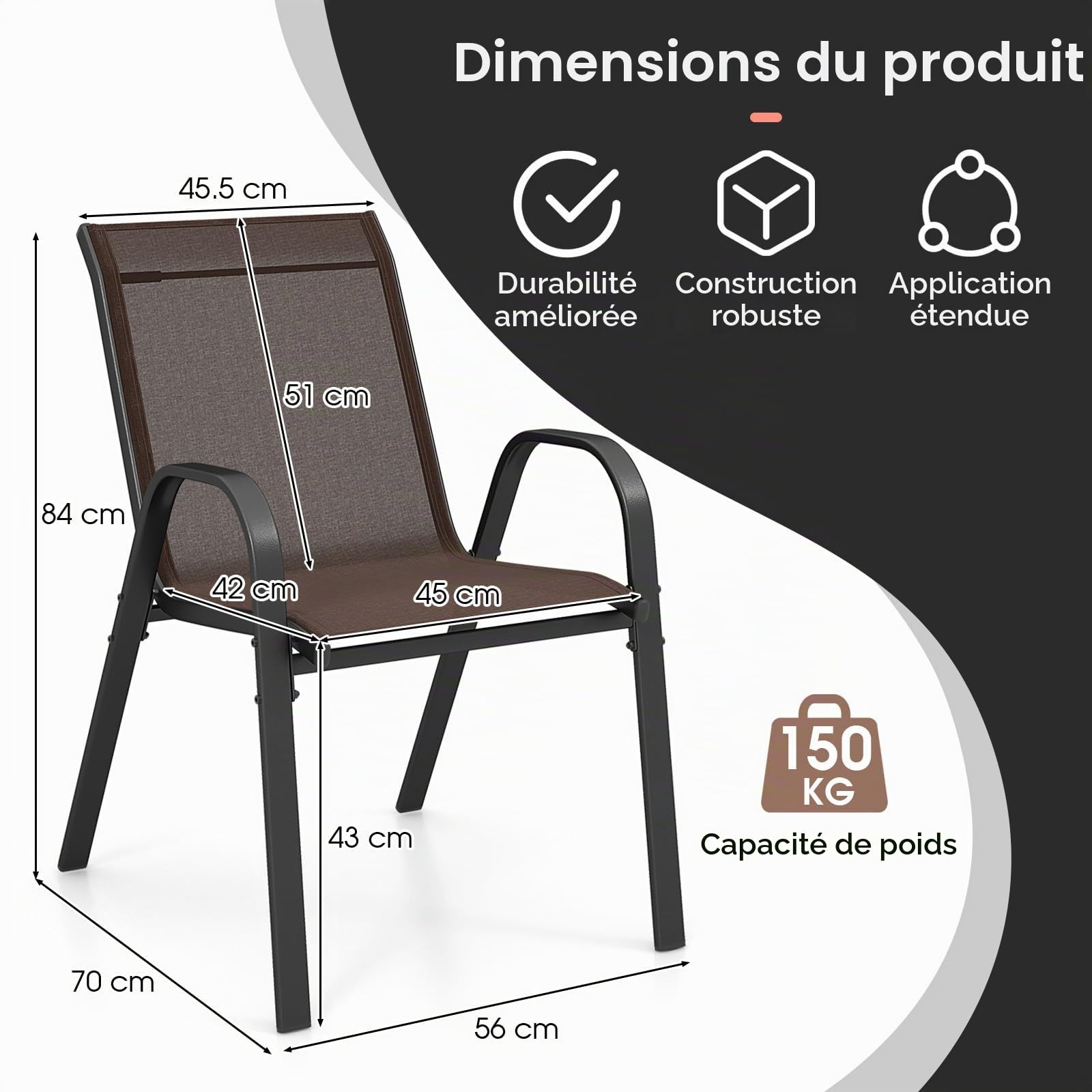 GIANTEX Lot de 4 Chaises de Jardin Extérieures, Chaise de Salle à Manger Empilables Cadre en Acier avec Mains Courantes, Fauteuil d'Extérieur avec Dossier et Siège Ergonomiques (Marron)