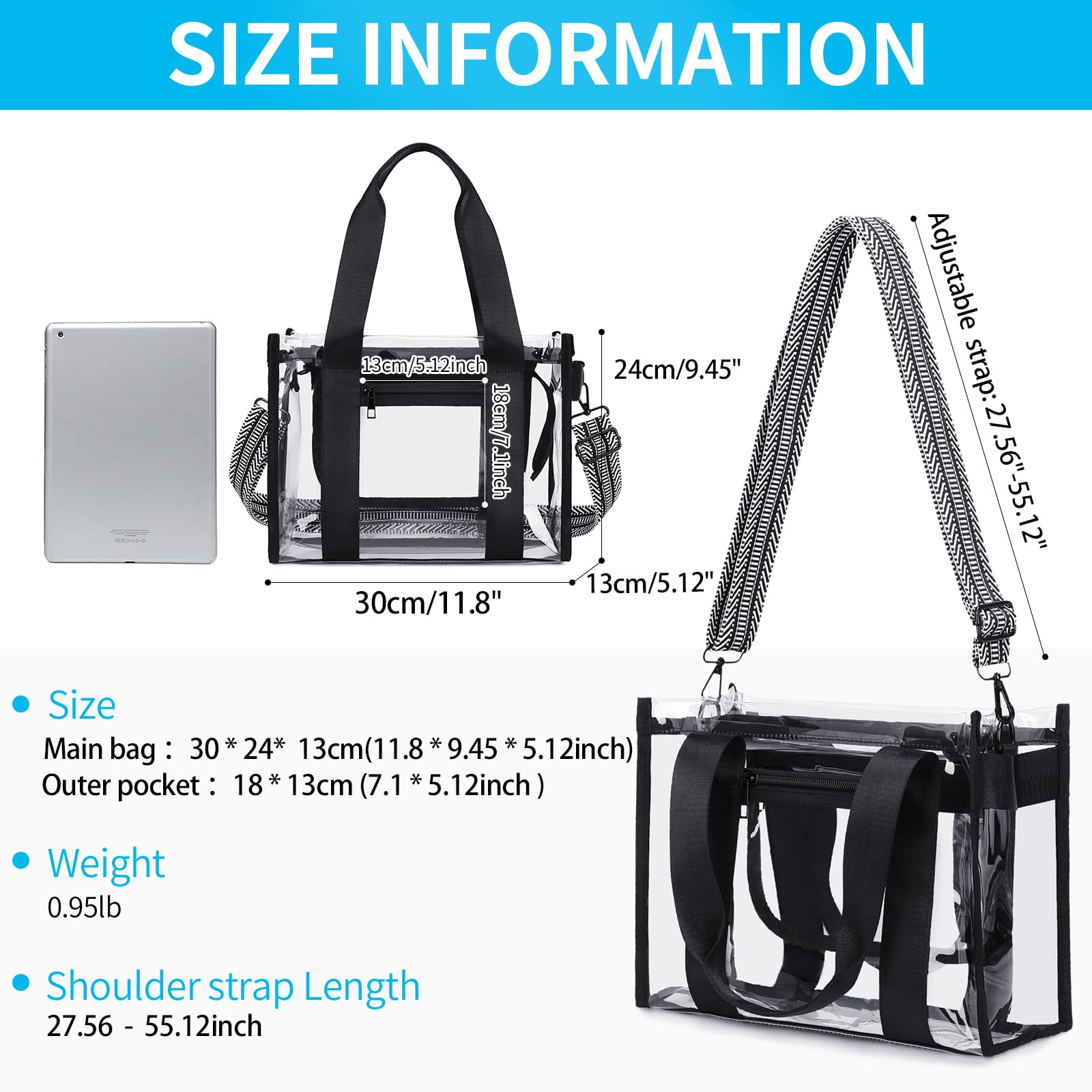 Bolsa transparente para eventos de estadio, bolsa grande transparente con cremallera exterior e interior para eventos deportivos, conciertos, trabajo, playa