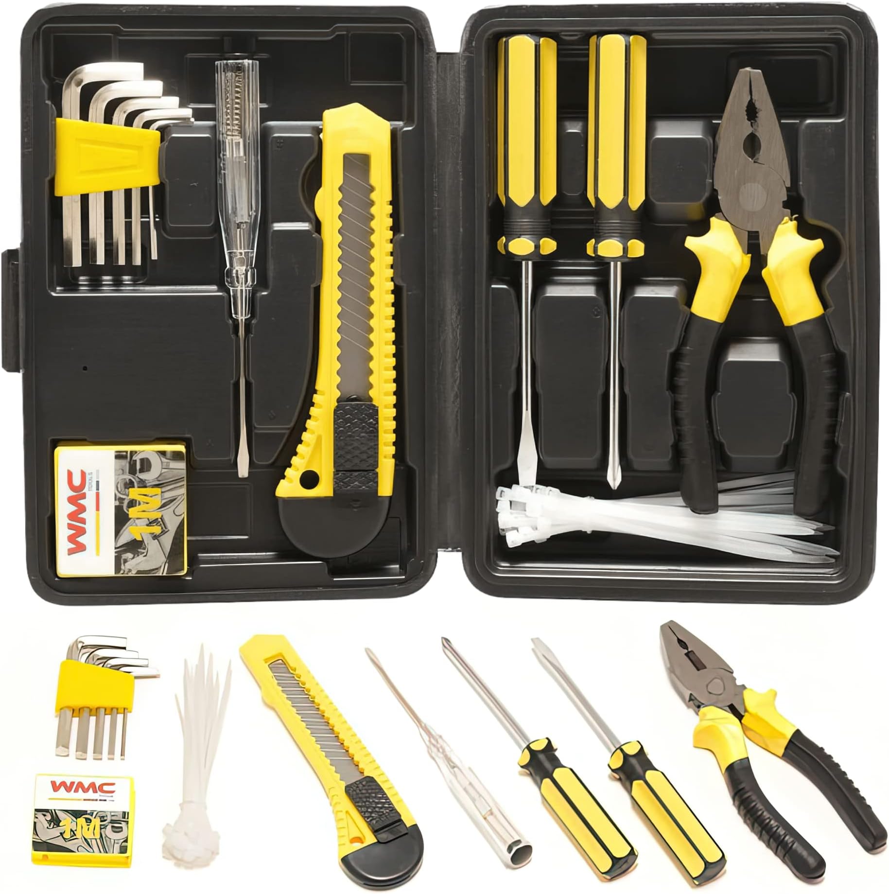 WMC TOOLS Screwdriver Set 42 Pieces Includes Pliers, Wrenches, Screwdrivers, Tape for Home Repair in a Case