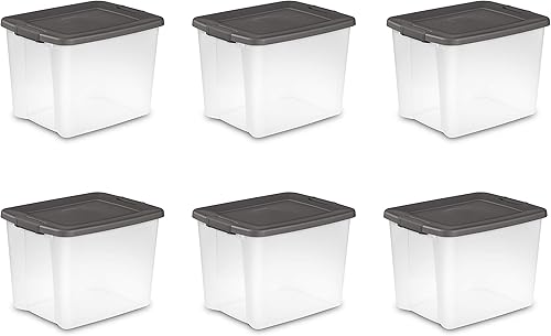 Sterilite 19373V06 - Bolsa para estante de 50 cuartos de galón47 litros, base transparente con tapa gris plana y pestillos, paquete de 6