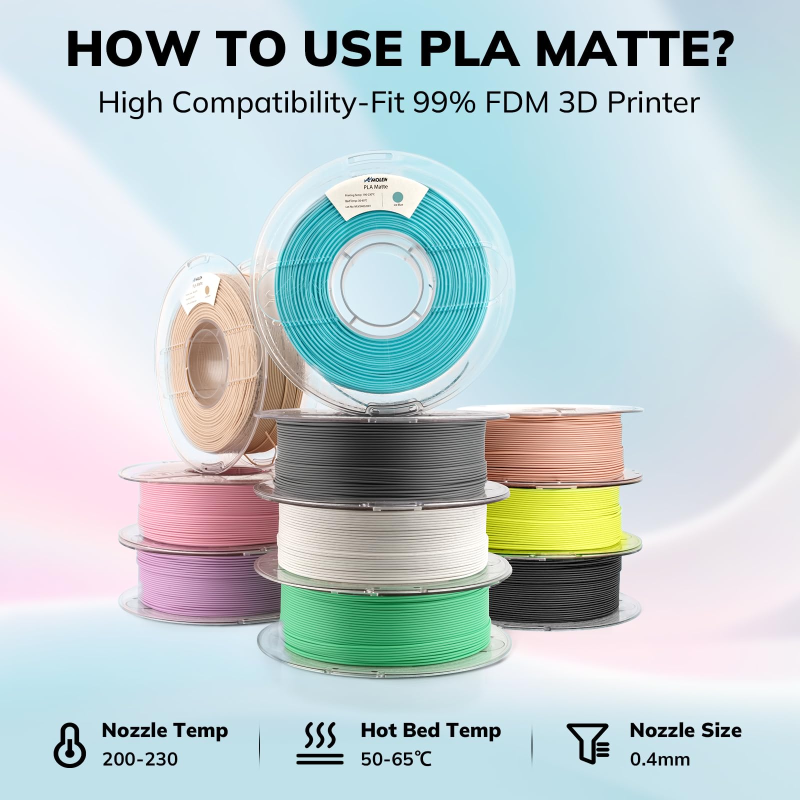 AMOLEN Filament PLA - 1,75 mm - Noir - 1 kg - Pour imprimante 3D - Précision dimensionnelle +/- 0,02 mm - Enroulé proprement - Compatible avec les imprimantes 3D FDM - Précision dimensionnelle