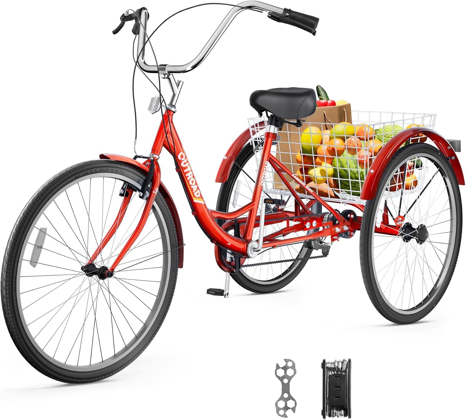 Outroad Adult Tricycle, 24/26 inch 7 Speed Cruiser Trike, 3 Wheel Bikes with Large Basket for Seniors, Women, Men, Adult Trikes for Shopping Picnic Outdoor Sports,Red Blue and Purple