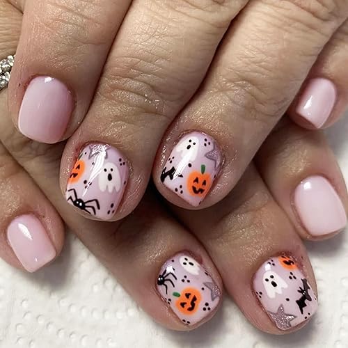 Uñas postizas de Halloween, uñas cortas a presión, uñas postizas cuadradas, fantasma, calabaza, araña, uñas acrílicas, uñas adhesivas brillantes de