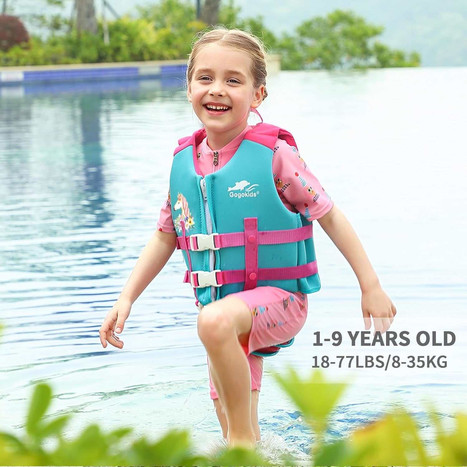 Gogokids Toddler Swim Vest, Premium Swim Vest for Kid Swimming Jacket for 30-40-50-60-70-80 Lbs Girls and Boys, Toddler Floaties Swimming Aid with Dual Safety Strap for 2-9 Years in Pool/Puddle/Beach