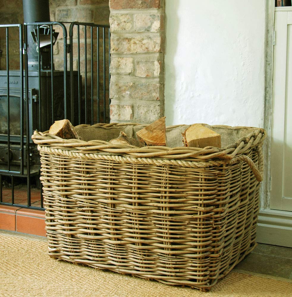 Extra Large mill log basket rope handled deep set rectangular hessian lined