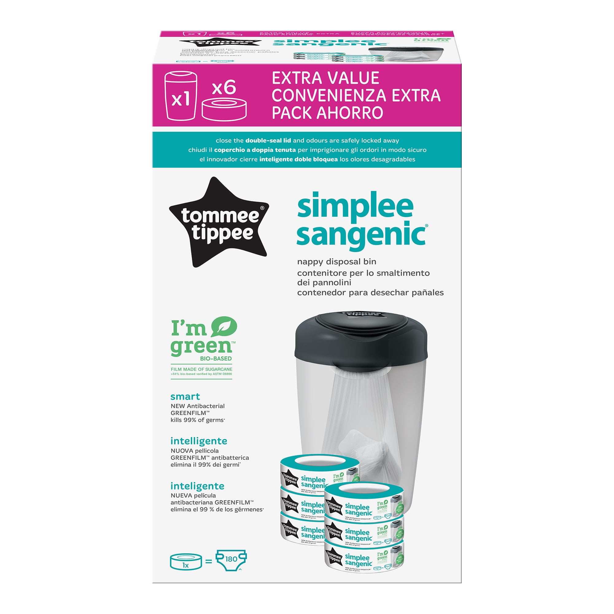 Tommee Tippee Mangiapannolini Starter Set Simplee, Contiene 6 Ricarica, Protegge da Germi e Cattivi Odori*, Struttura al 100% in Plastica Riciclata