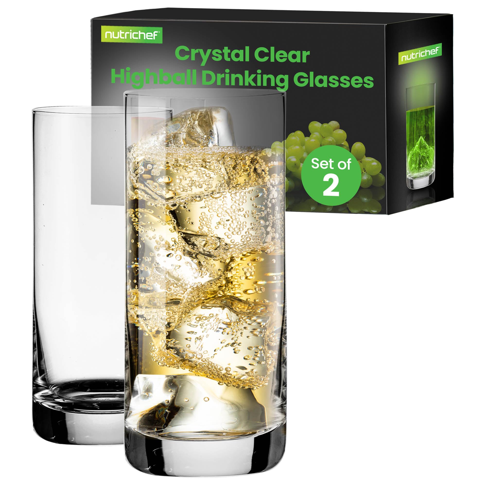 Nutrichef 14 2 oz Highball Drinking Glasses Premium Crystal Durable Dishwasher Safe Elegant Design for Water Cocktails Liquor