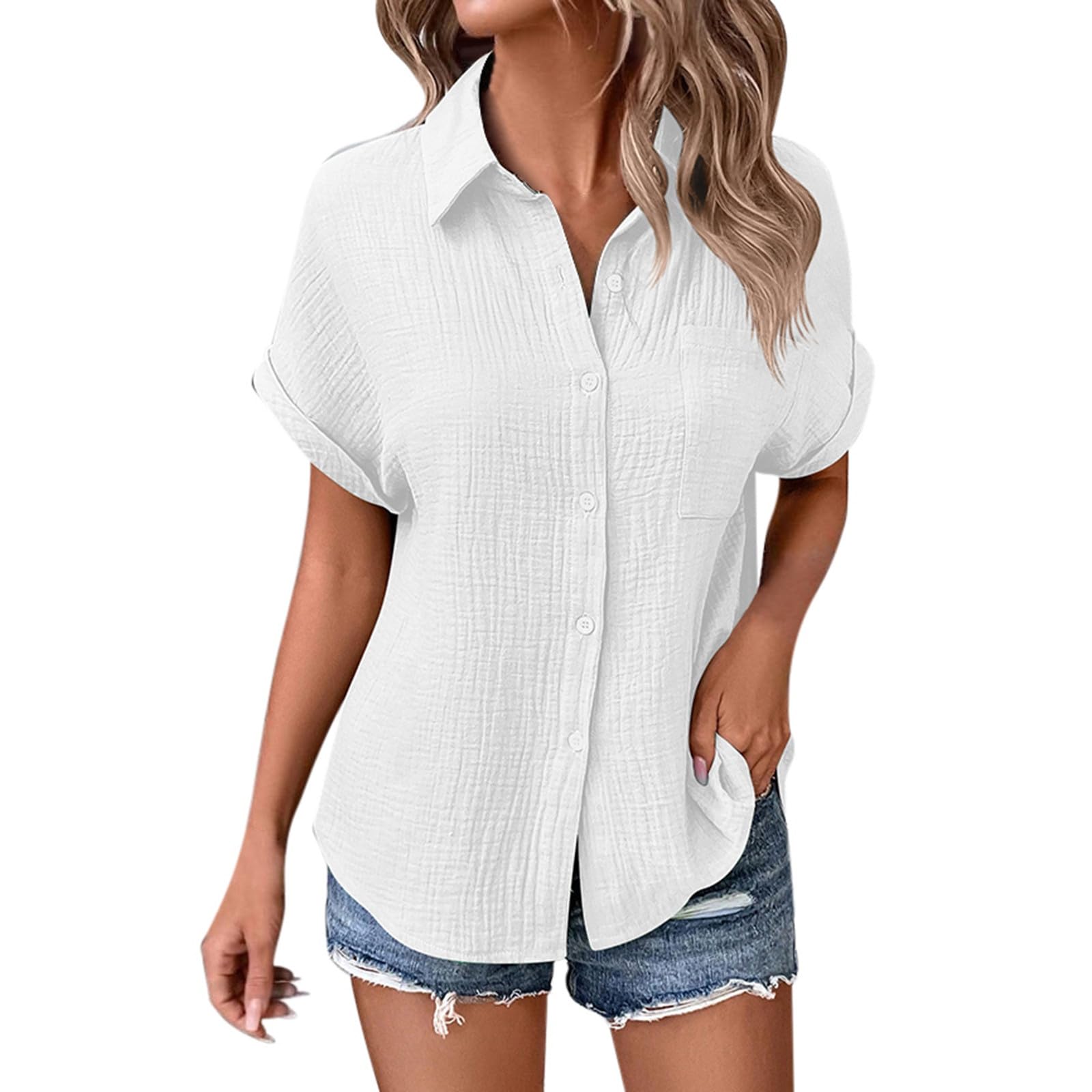 Camisas de gasa de manga corta para mujer, a la moda, con botones, cuello Vcation, blusas de verano, manga dolman, ajuste holgado, trajes de lino y algodón, de gran tamaño, para playa, color liso