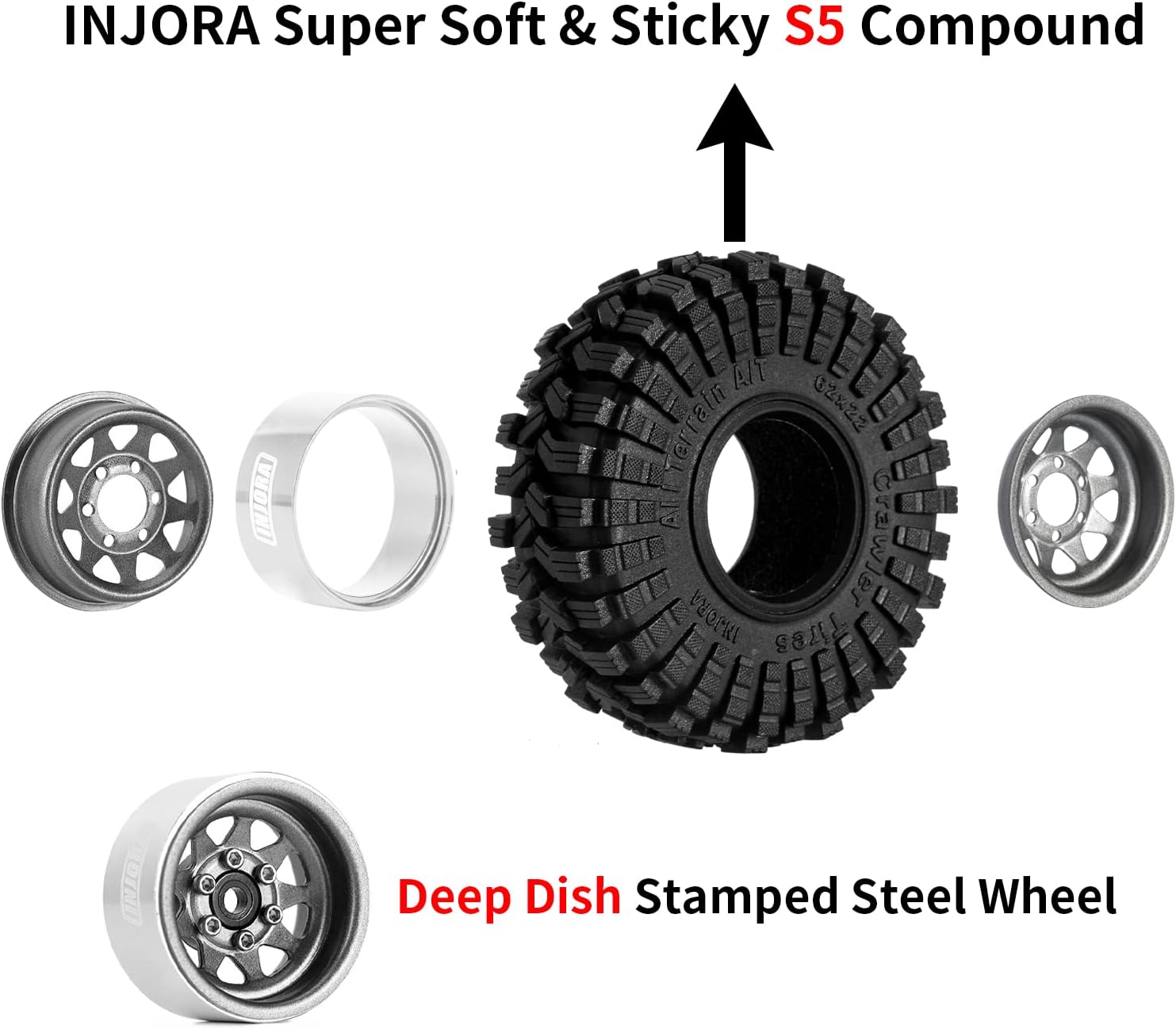 INJORA 1.0 Beadlock Wheel Tires Set -3.78mm Offset Wheel Rims for 1/18 1/24 RC Crawler Car Axial AX24 SCX24 FMS FCX24 TRX4M,Grey (W1004-T1014)