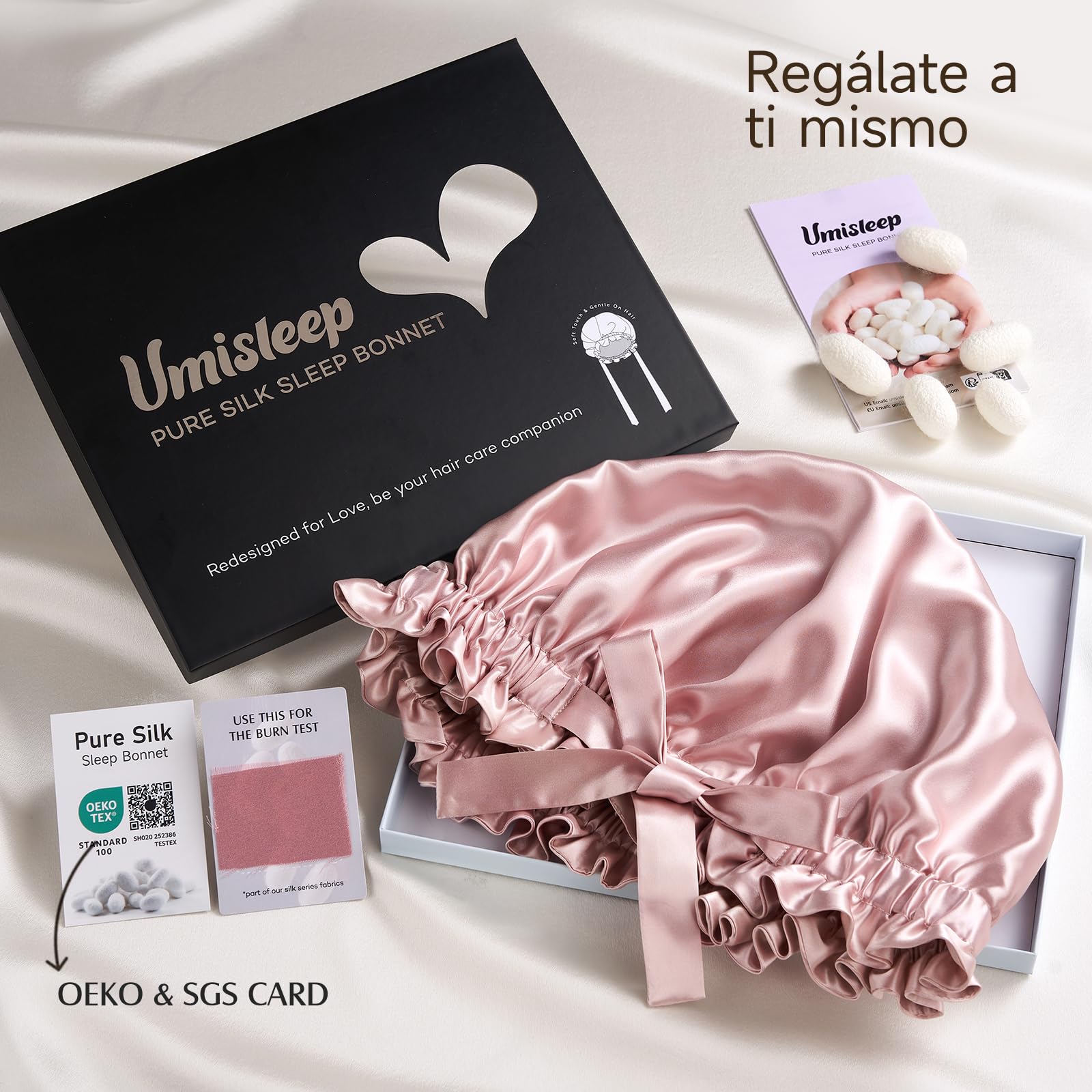Umisleep Gorro de Seda de Morera de 22 mommes, 100% Seda de Morera, con Volantes, Doble Cara, Suave y Transpirable, Banda Ancha Ajustable para Cabello Rizado