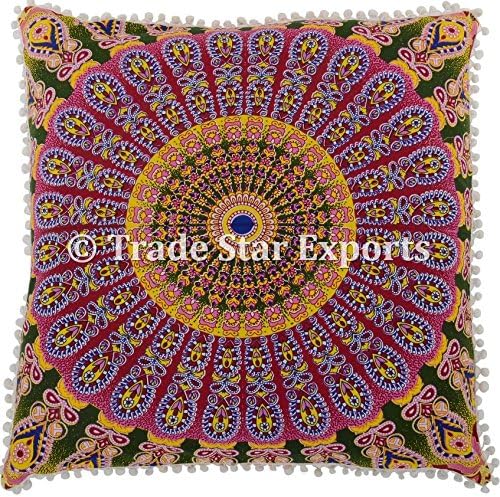 Miniatura 1 de Funda de cojín de piso de algodón. 26 pulgadas, con encaje de borlas decorativo y diseño de mandala.