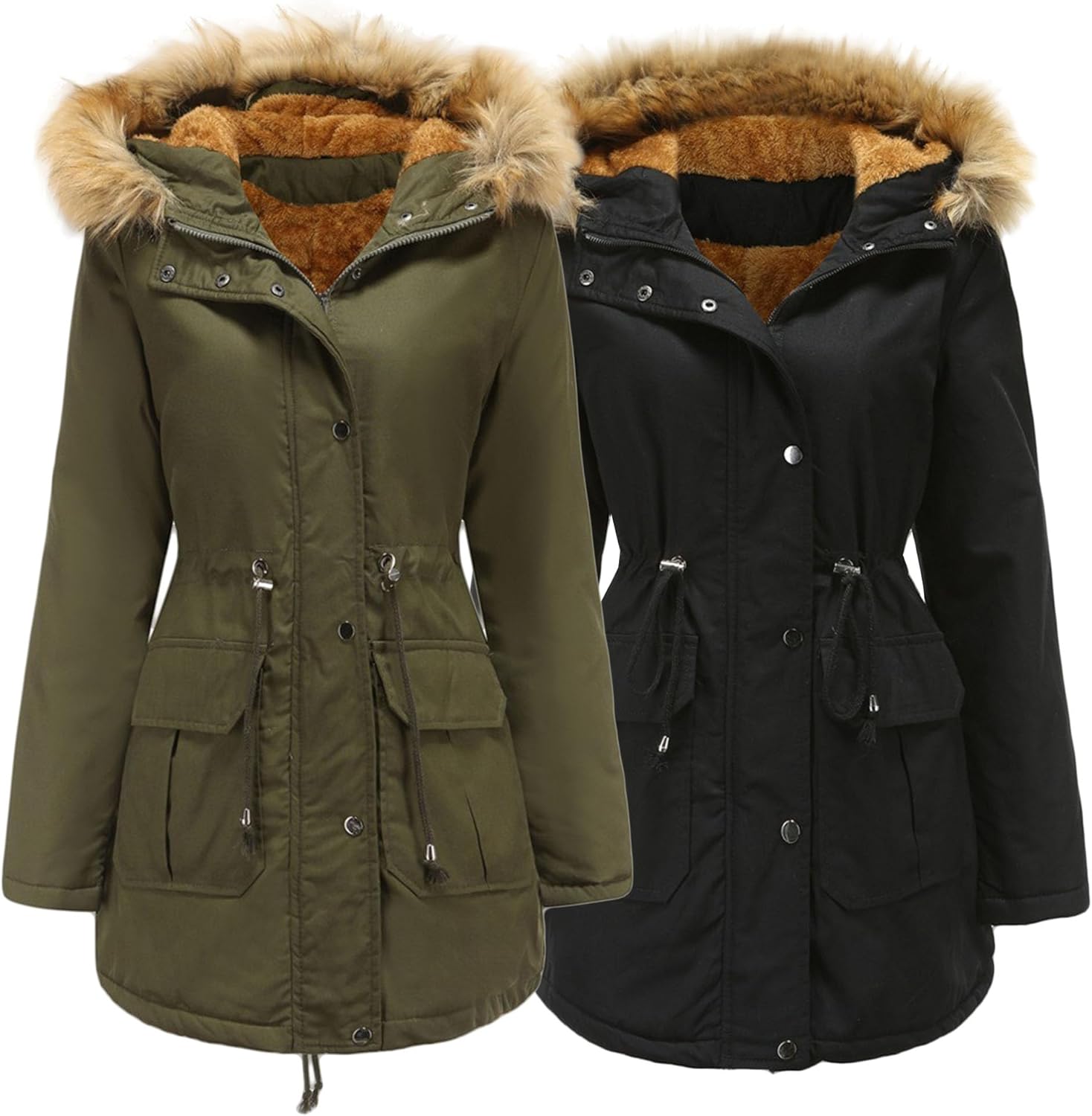 2 Pack Womens Winter Fleece Lined Parka Jacket Anoraks Fur Hooded Military Parka Coat Thicken Warm Sherpa Coats