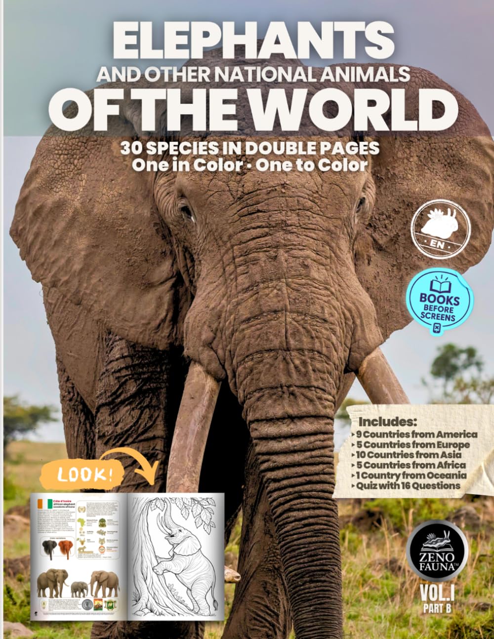 Elephants and Other National Animals of the World: 30 national animals in double-page spreads: one in color and one to color