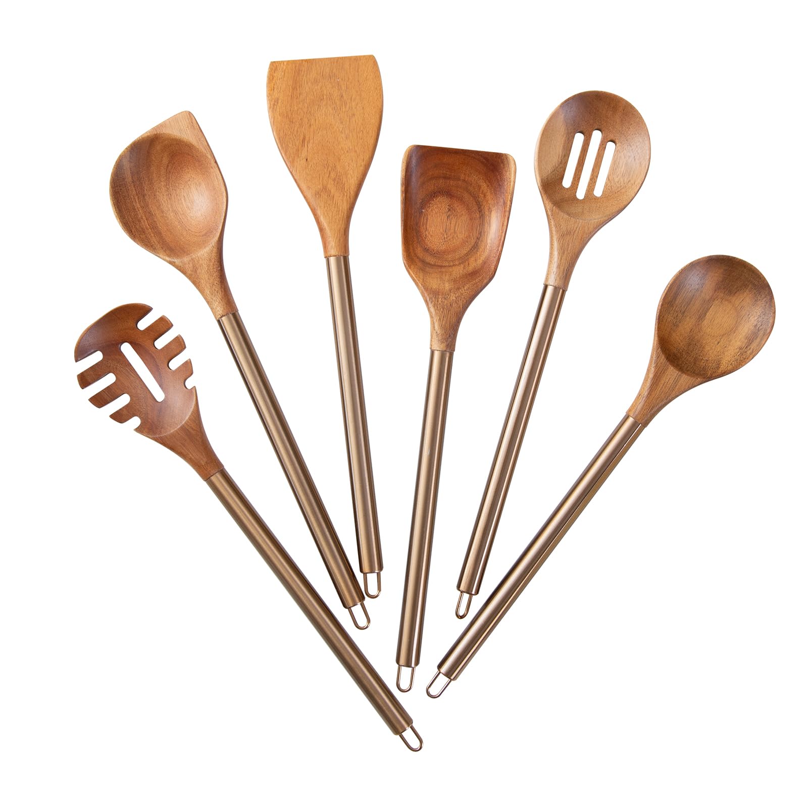 Utensilios de cocina de madera con mango de metal, juego de 6 utensilios de cocina, juego de espátulas de cucharas de madera, utensilios de cocina de 14 pulgadas de largo, espátulas de