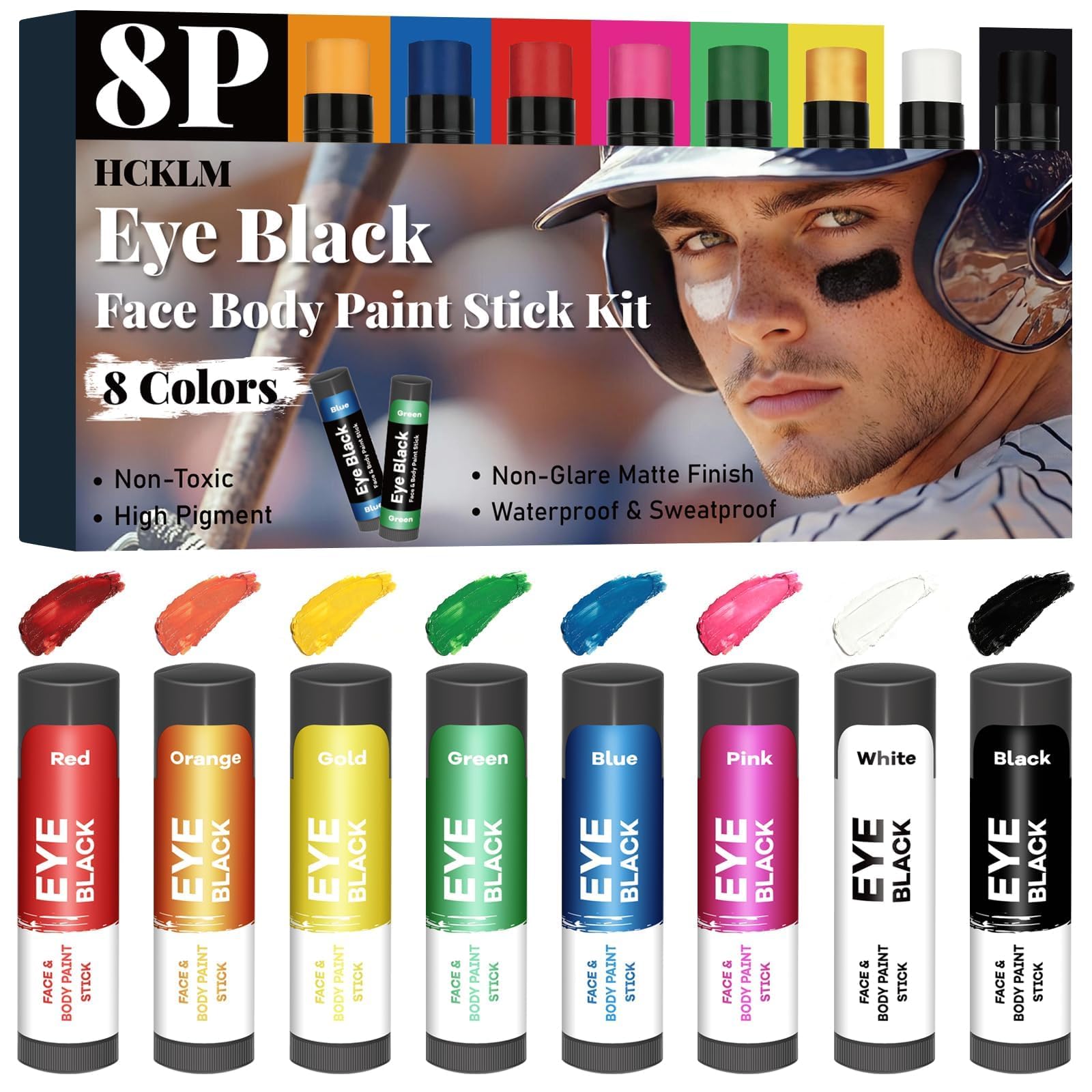 8 Packs Baseball Eye Black,Anti-glare Sweatproof Eyeblack Sticks 8 Colors - 8 Packs