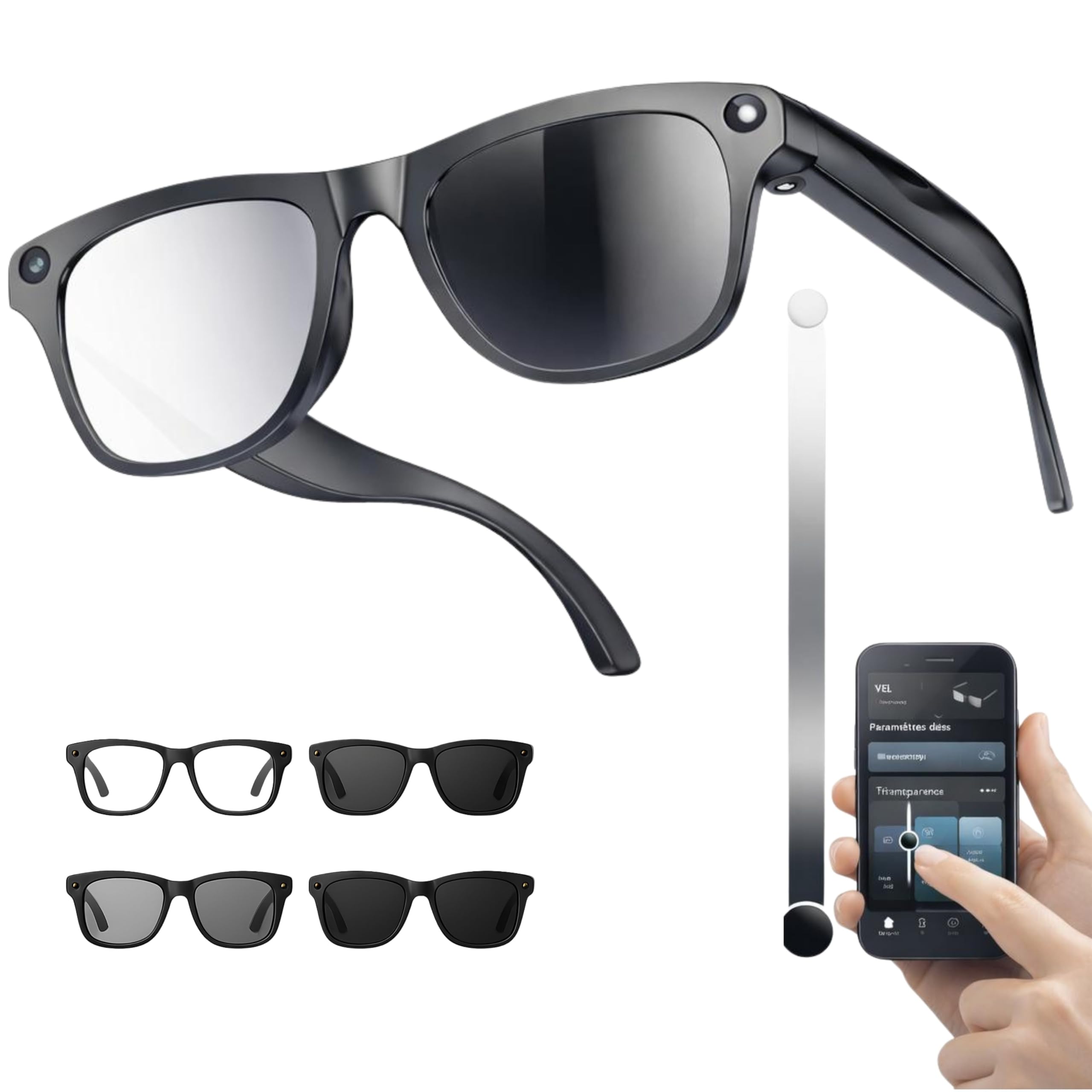 Lunettes Smartglasses 2026 Caméra Full HD, Verre Teinte Electrochomique Flash intégré, Musique, Bluetooth,WiFi, Protection UV, Assistant Vocal IA, Réseaux Sociaux, Haute Autonomie.
