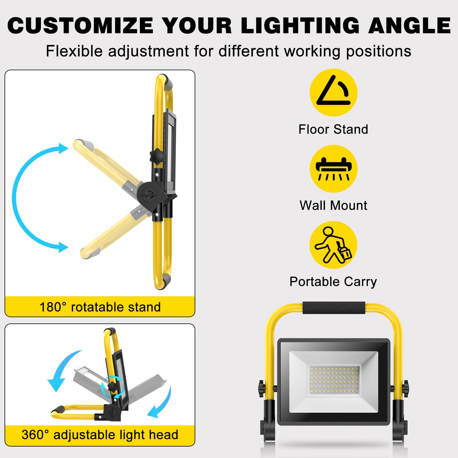Lampa robocza LED, 10000 lumenów, przenośna lampa robocza ze stojakiem, 72 diody LED COB 6500 K, wodoodporne światła zewnętrzne IP66, regulowane 360°, mechaniczne światło do garażu, budownictwa