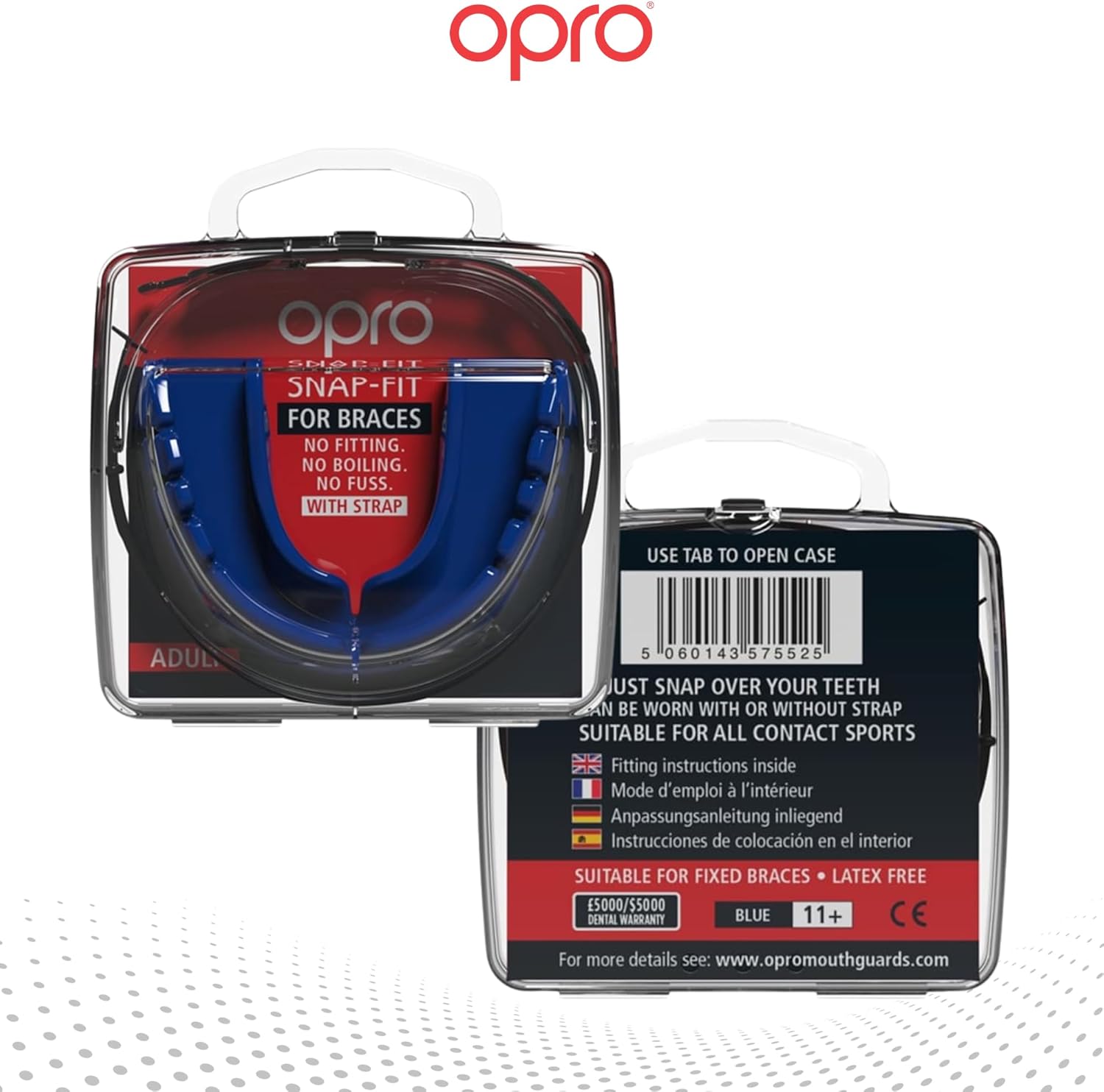 OPRO Snap-Fit Instant Level Braces Mouth Guard + Strap – Quick Protection Mouthguard for Lacrosse, jiu Jitsu, MMA Boxing Wrestling & Football Mouthpiece – Includes Mouth Guard Case (Adult, Blue)