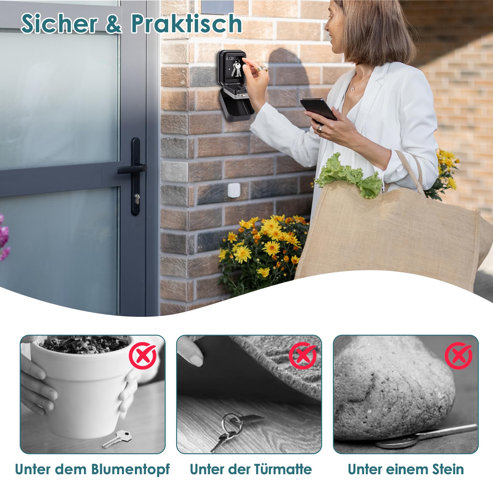 Schlüsseltresor mit Zahlencode, Smart Schlüsselbox mit Code unterstützt TTLock APP und PIN-Code Entsperren, 12 Stellig Schlüsselsafe mit Wasserdicht für Haus, Garage, Büro, Wohnung