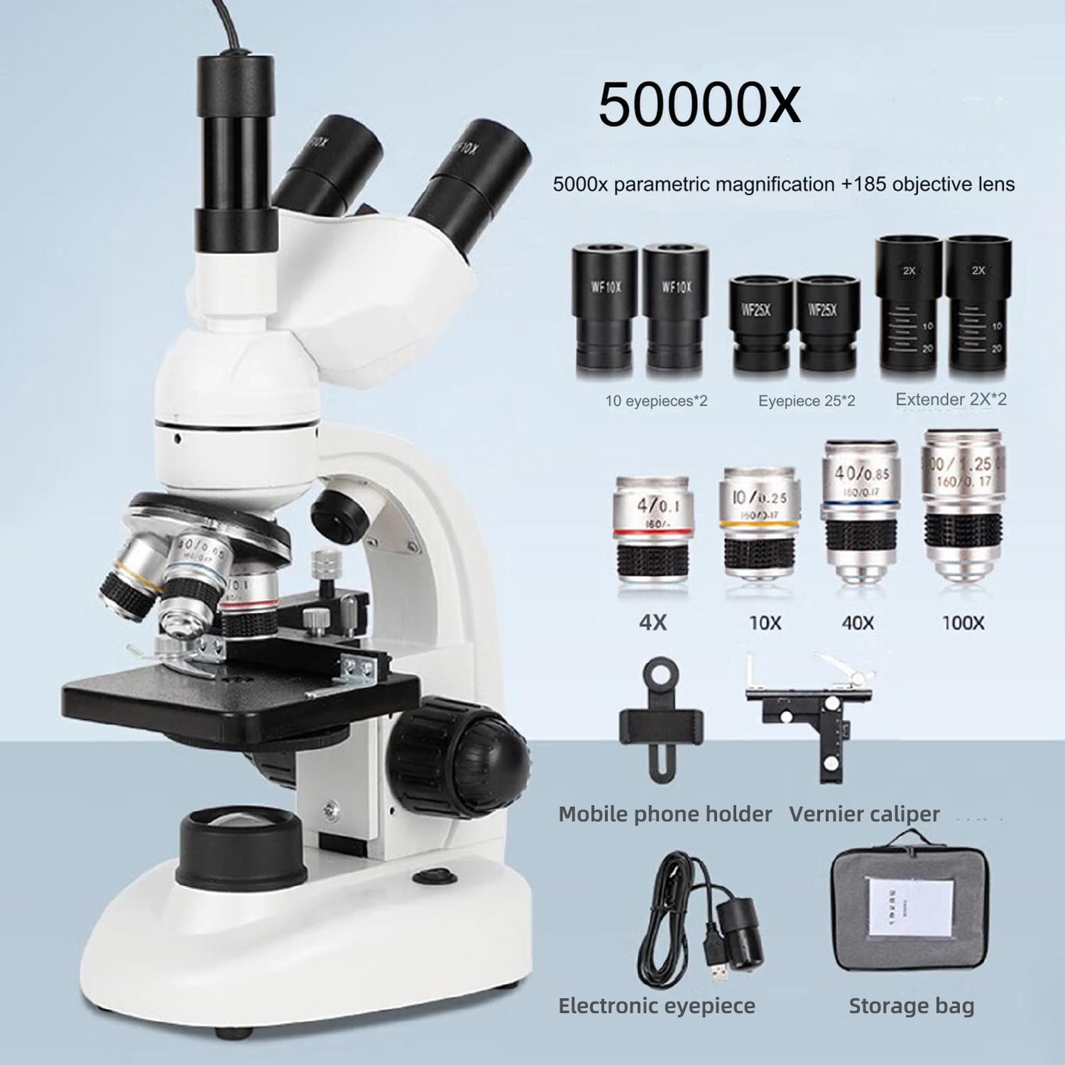 Microscopio professionale a luce composta 5000X con oculare elettronico, obiettivo 4X, 10X, 40X, 100X, microscopio trinoculare aggiornato con supporto per telefono cellulare, calibro, custodia