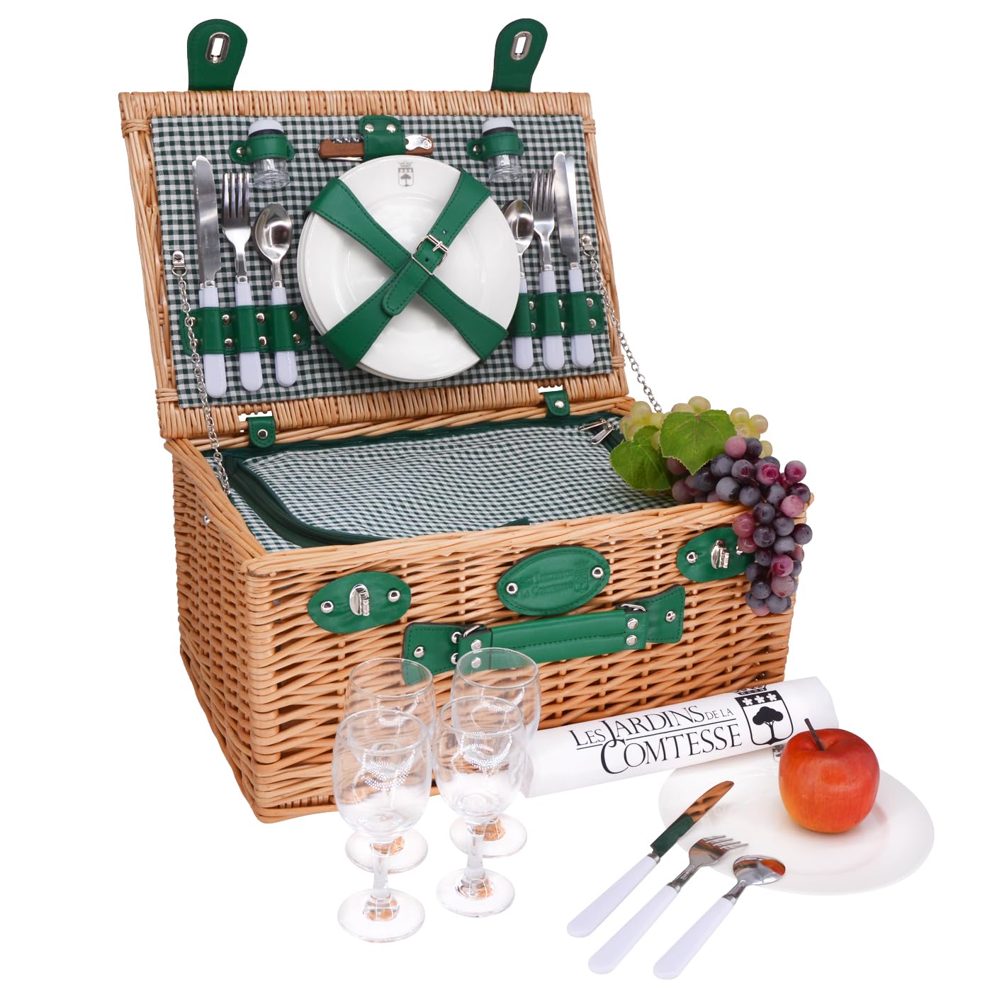 Les Jardins de la Condesa Cesta Picnique Marly, Mimbre, Verde, 4 kg, 46x31x23 cm, Servicio para 4 Personas, Compartimiento Aislado