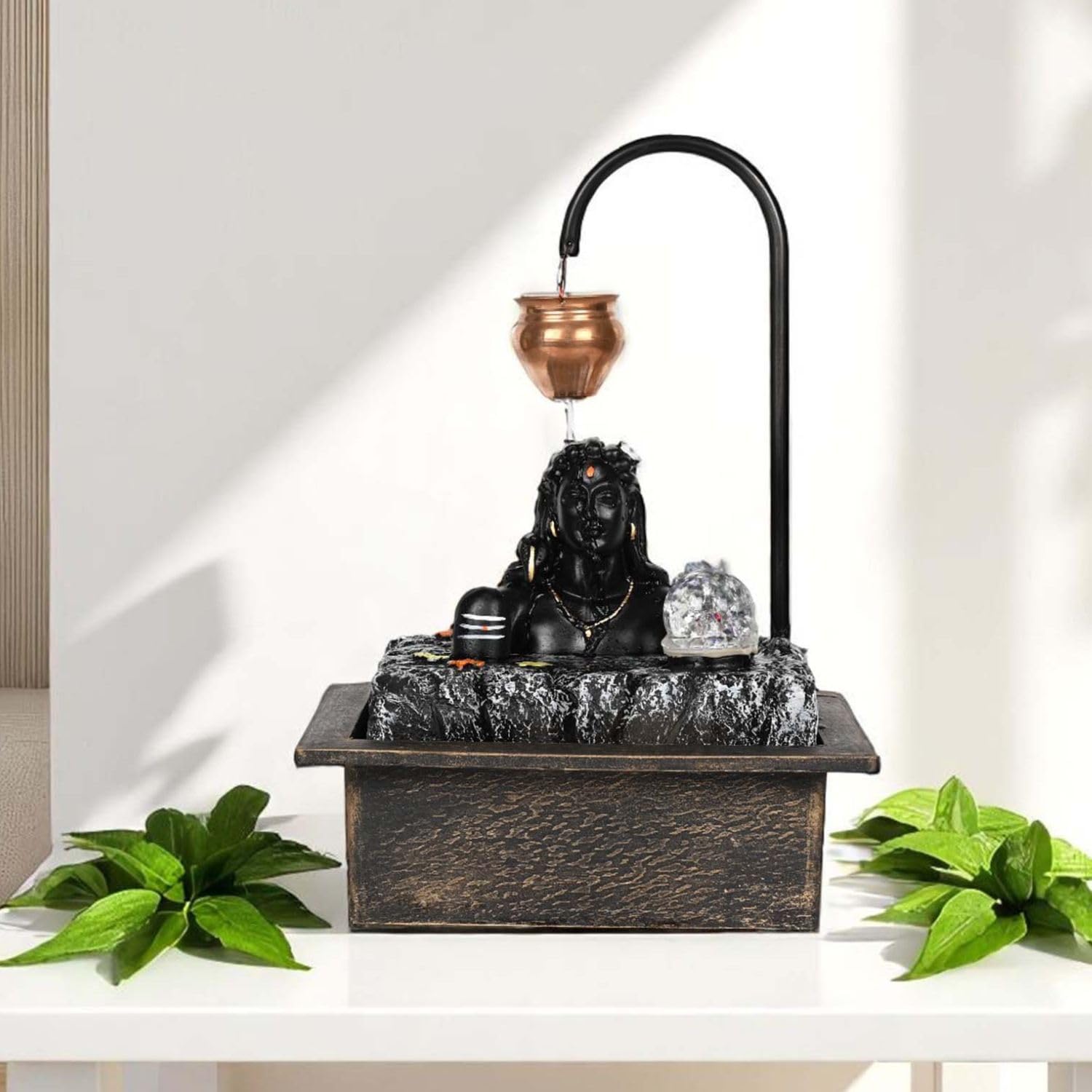 Go Hooked Lord Shiva Table-Top Water Fountain with LED Crystal Ball & Real Copper Kalash Drip 19 Inch | Indoor Polyresin Waterfall for Home Décor, Meditation, Vastu & Gift | Silent Electric Pump