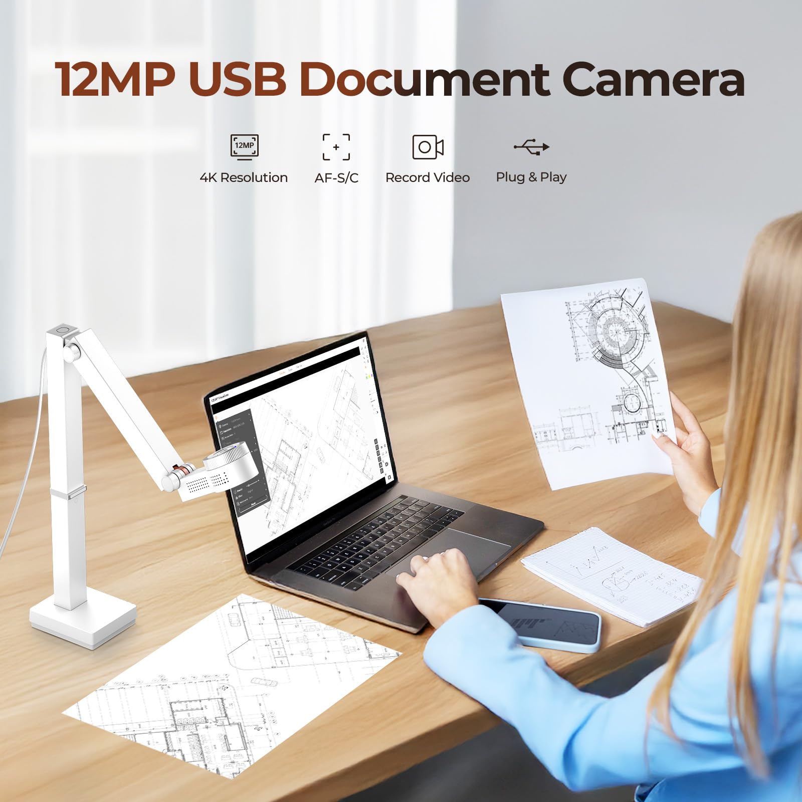 CZUR Fancy S Pro Visualizador y Cámara para Documentos USB Captura de Tamaño A3, 12 Megapíxeles, 330PPP/60FPS, Webcam 4K con Micrófono y Luces LED en Videollamada, Streaming, para macOS/Windows