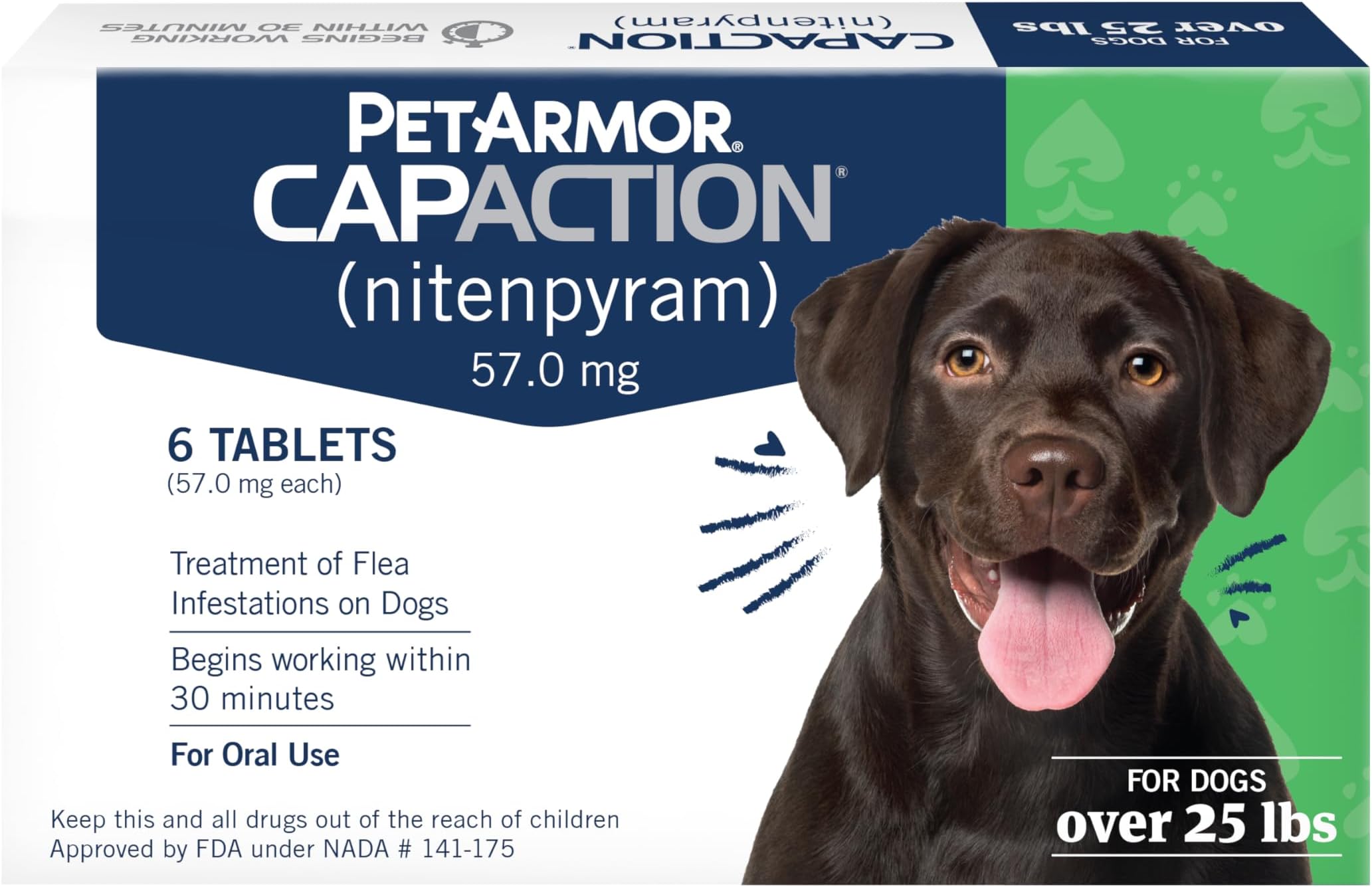 CAPACTION (nitenpyram) Oral Flea Treatment for Dogs, Fast Acting Tablets Start Killing Fleas in 30 Minutes, Dogs Over 25 lbs, 6 Doses (Pack of 1) (Packaging May Vary)