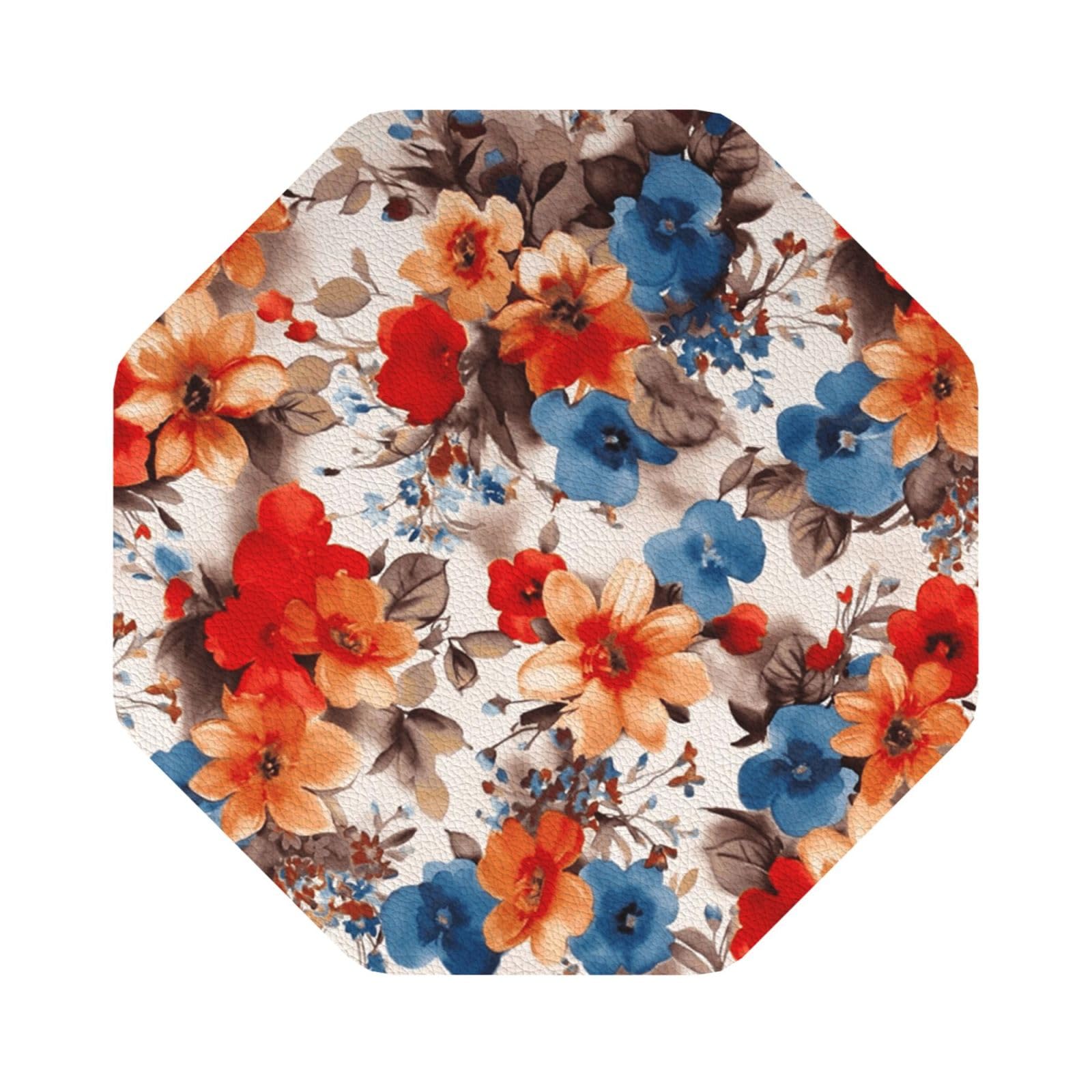 Floral Flower Print PU Leather Coasters Set of 6 Octagon Drink Coasters