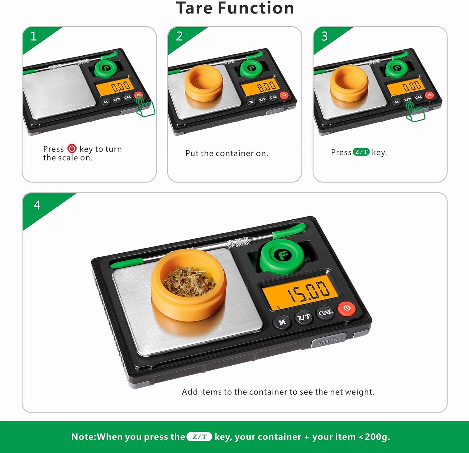 Fuzion Gram Scale demonstrating Tare function