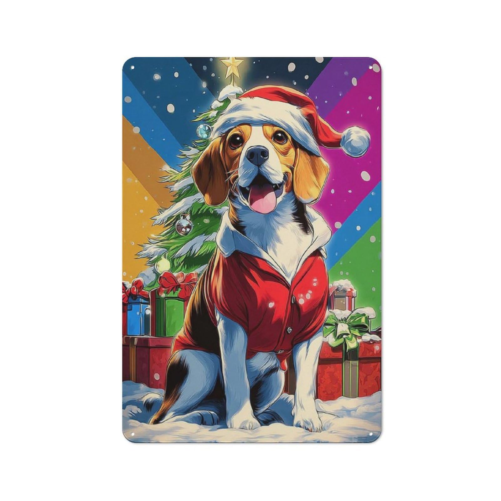 Retro Christmas Beagle in Festive Outfit Metal Sign 30x20cm, Home Bar Decor for Pub, Home Bar, Shed Or Man Cave, for Relaxed Wall Styling