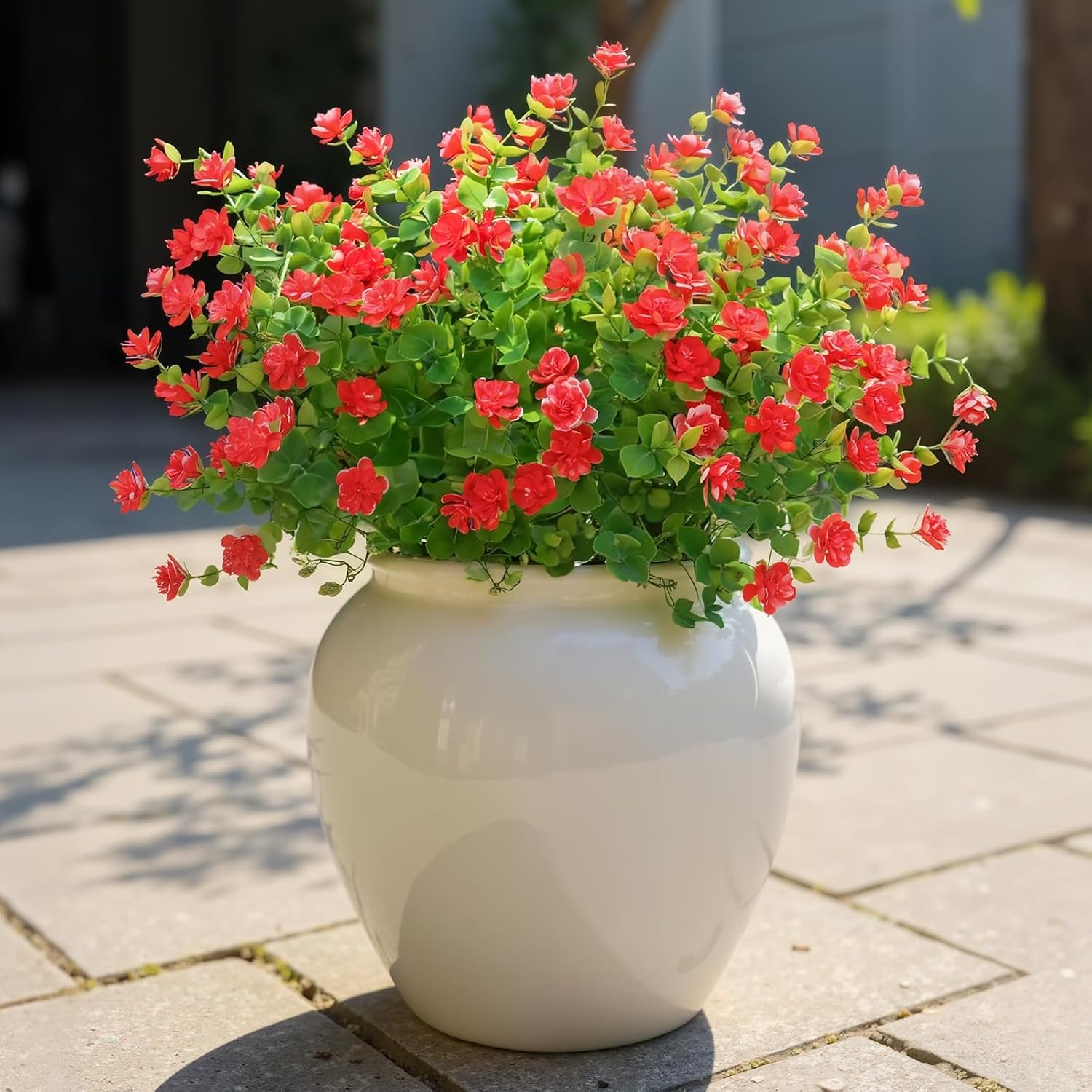 UV Resistant Artificial Flowers, Realistic Fake Bouquets for Outdoor Hanging Baskets, Weatherproof Faux Plants for Balcony Porch Garden No Fade No Maintenance (Red-10pack)