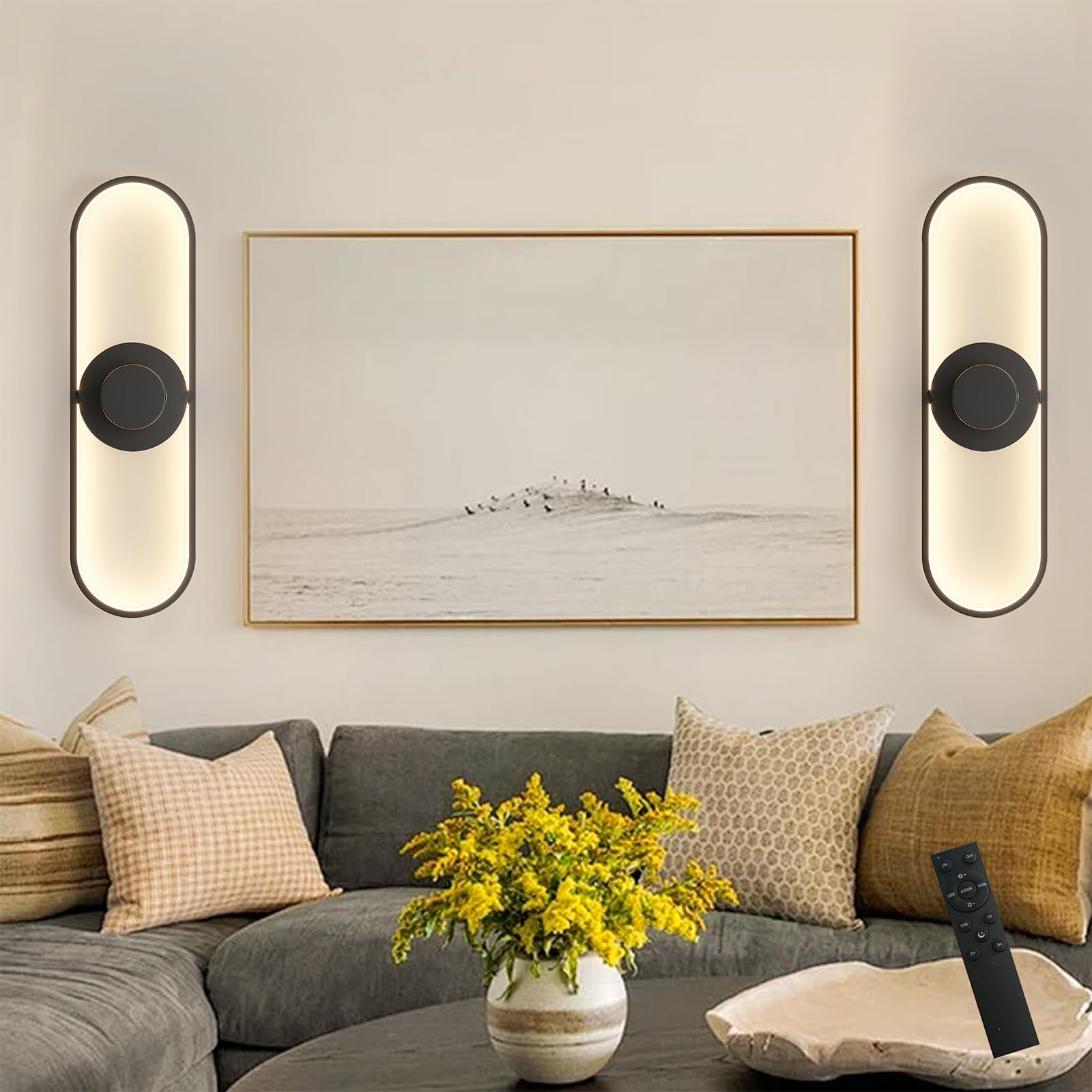 GEADI Modern Rechargeable Wall Lights Indoor, LED Battery Wall Lights 3 Colors Temperature with Remote, Wall Sconces Set of 2 Dimmable Wireless Black 60CM for Living Room, Bedroom, Hallway, 5000mAh