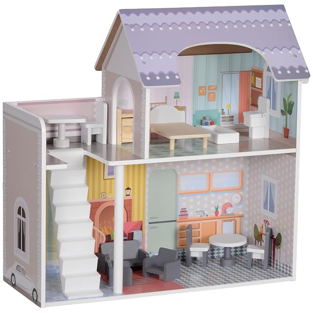 AIYAPLAY Casa de Muñecas Madera Balcón 2 Pisos 60x26,6x60 cm Multicolor