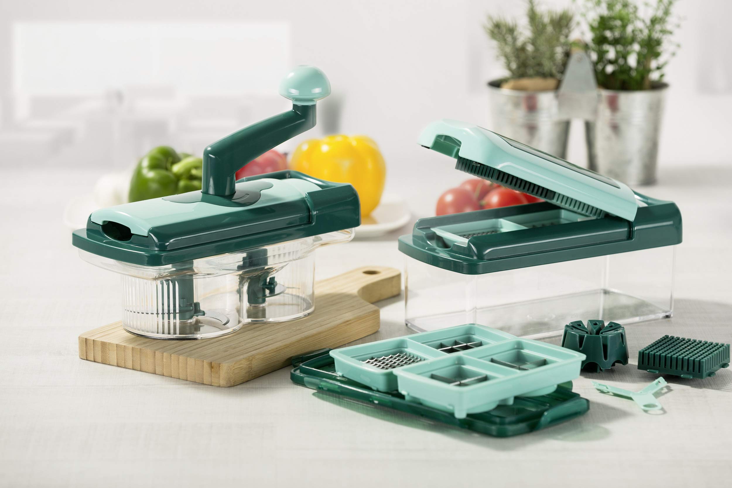 Genius Nicer Dicer Fusion Julietti | 34 Teile | Schneiden | Reiben | Julienne | Spiralen | Hobeln | Würfeln | Obst- und Gemüseschneider | Bekannt aus TV | NEU, Mintgrün