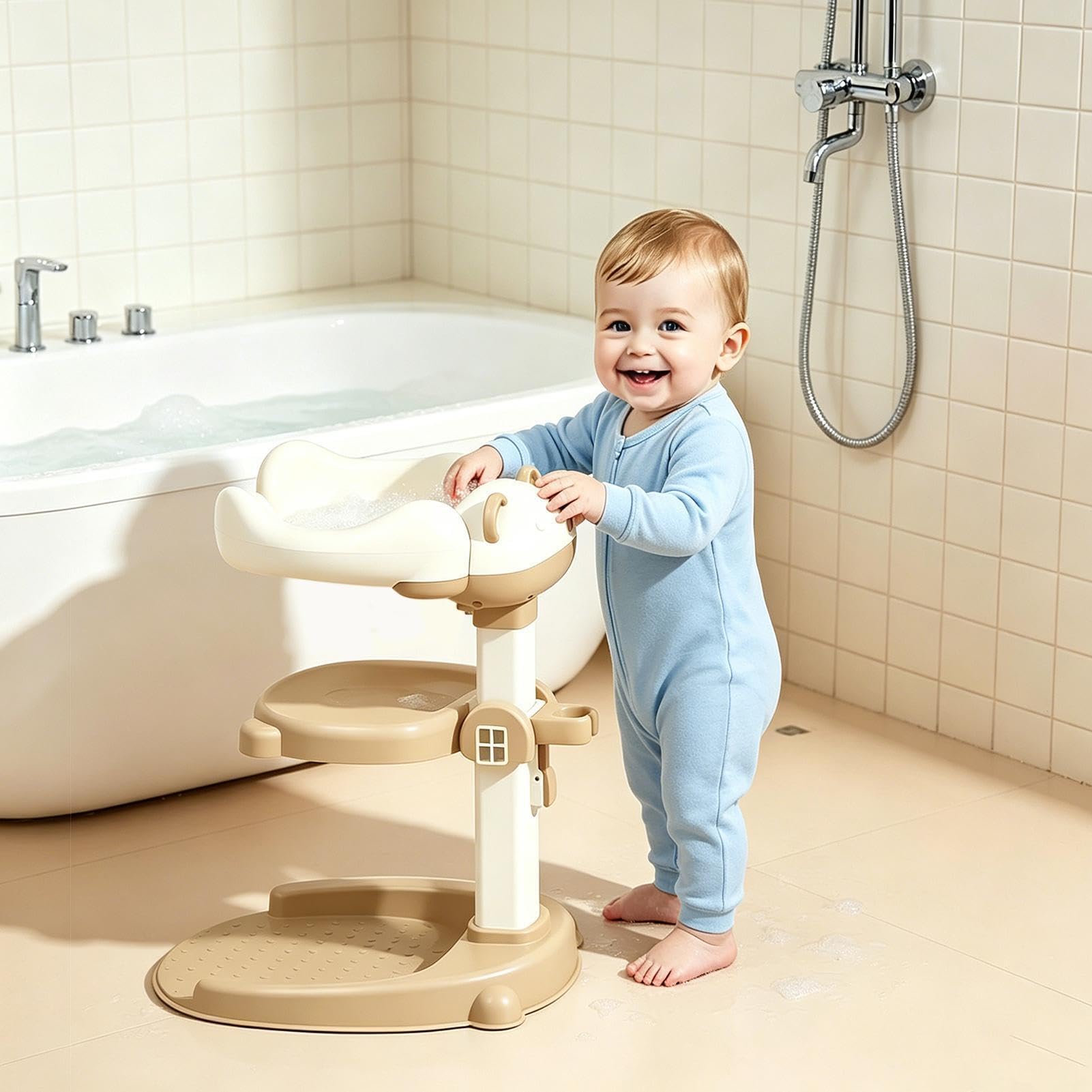 Kinder Badestützgriff 2-in-1 Sitz abnehmbar höhenverstellbar | Sitz- und Stehduschständer für Badewanne Badezimmer Zuhause Studentenwohnheim Hotel Wickeln