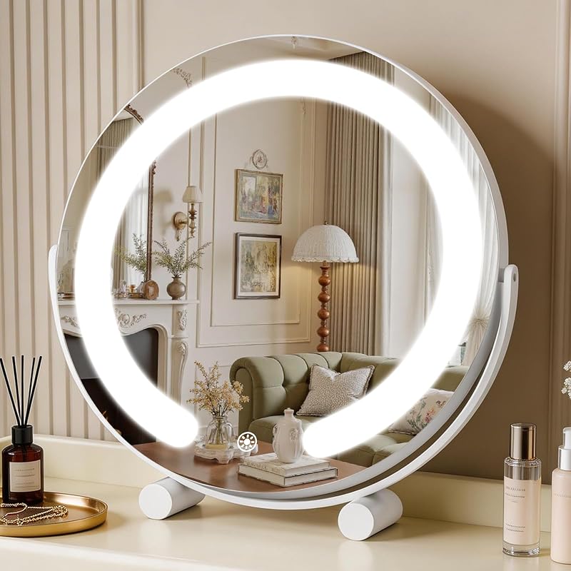 Espelho de maquiagem Bearolve com iluminação LED, 30,48 cm, 3 cores, toque inteligente, rotação de 360°, branco