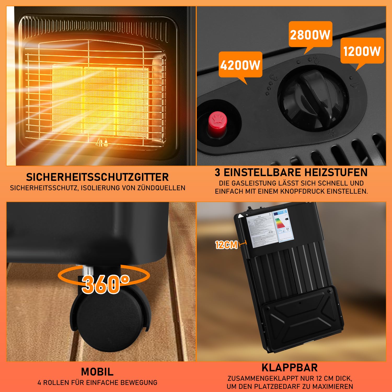 Gasheizofen, Gasheizer, 1400-4200 Watt Gasofen 3 Stufen einstellbar Gasheizgerät, Heizstrahler mit Gasdruckregler und Gasschlauch, Gasflaschen bis 10 Kg (Schwarz)
