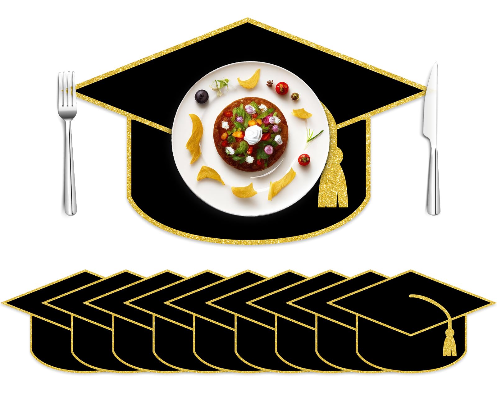JarThenaAMCS 50 Sheets Graduation Cap Paper Placemat Congrats Grad Hat Place Mat Black Gold Disposable Table Mat for Party Dinner Table, 13.8 x 8.3