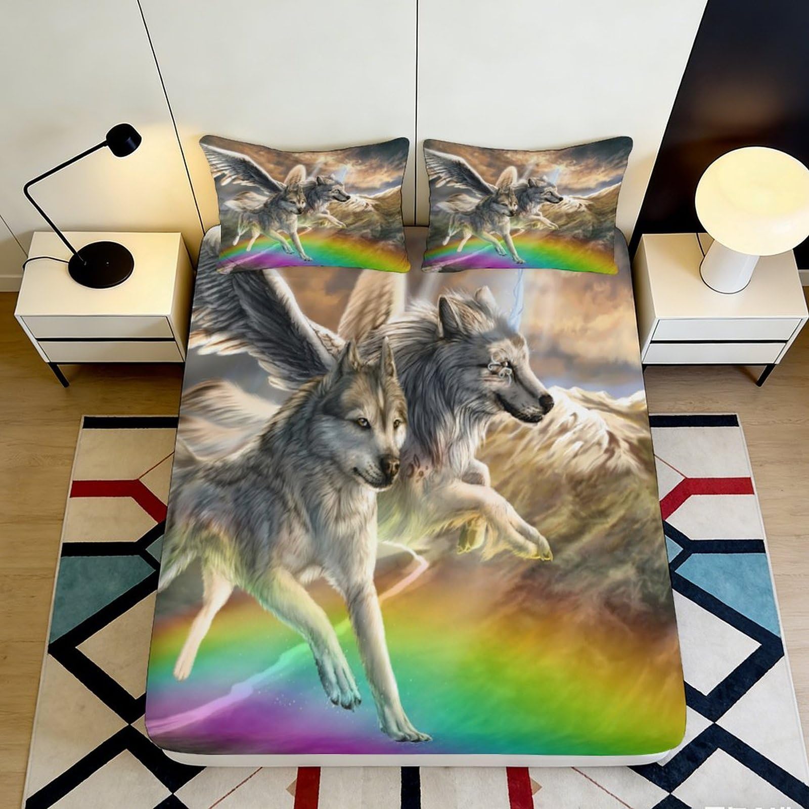 3D Printed Winged Wolf Fitted Sheet Microfiber Soft Rainbow Mountain Bed Cover for Bedroom Guest Room Decor 180x200x25cm