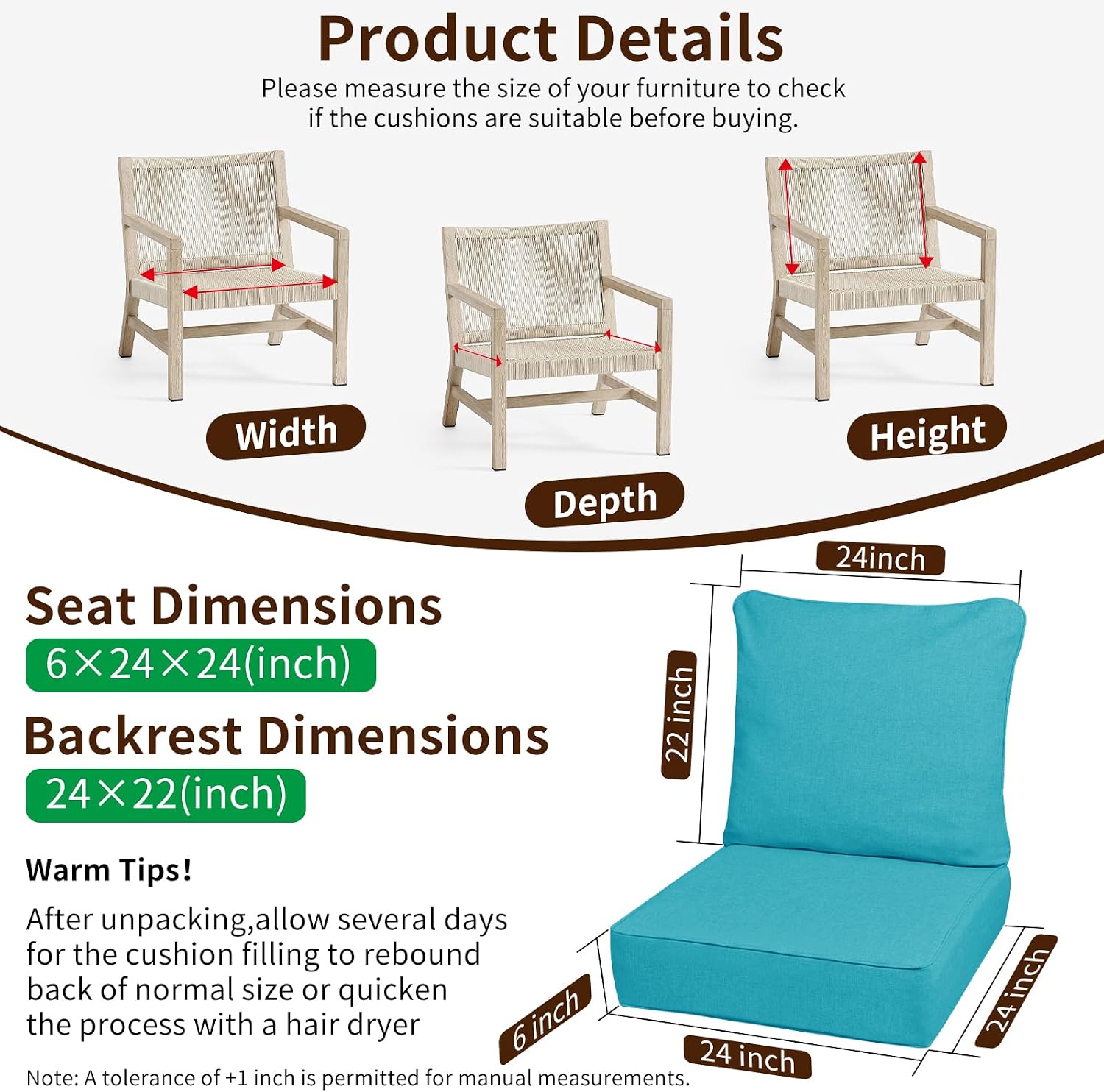 6 Inch Thick Outdoor Deep Seat Cushions for Outdoor Furniture Waterproof Patio Seat Cushions with Removable Cover and Adjustable Ties, 24x24x6 Inches Outdoor Chair Cushion, Lake Blue