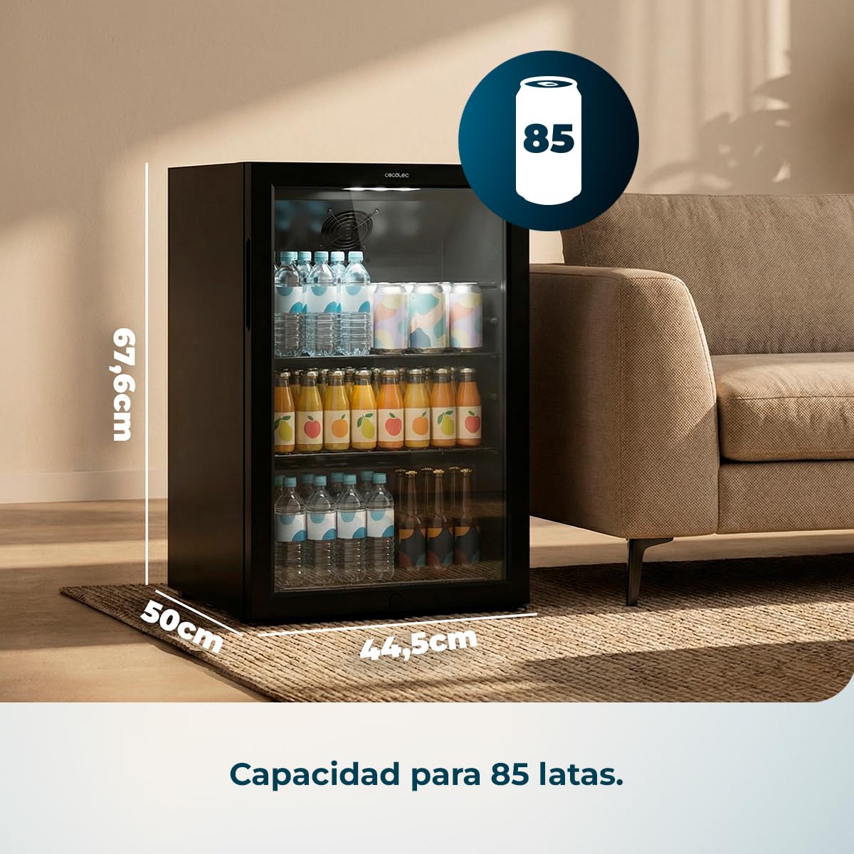 Cecotec Mini Frigorífico con Puerta de Cristal Bolero CoolMarket BC 72 Black, 72 Litros de Capacidad, 44,5 cm de Ancho, 67,8 de Alto, Iluminación LED interior, Temperatura 0ºC a 10ºC