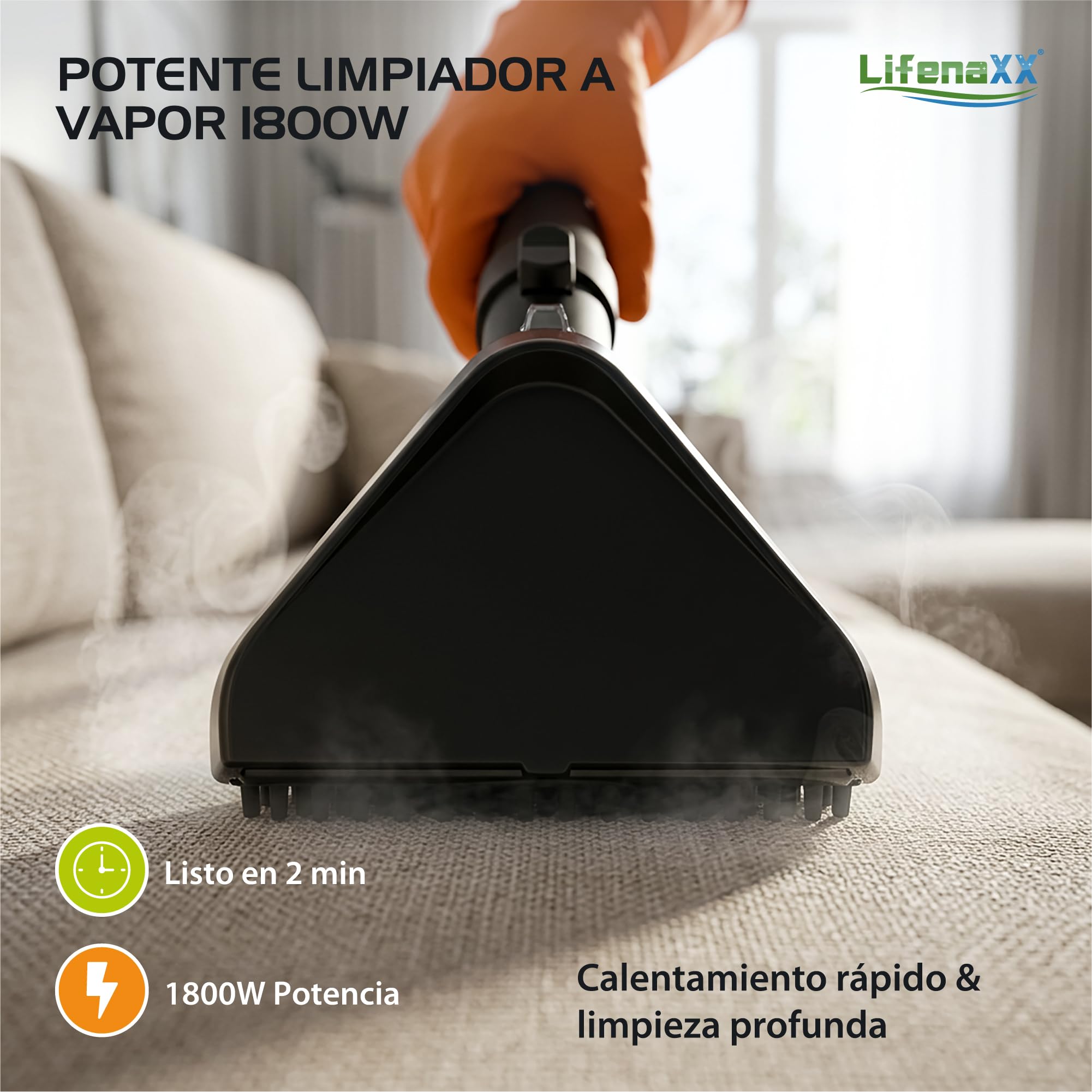 Lifenaxx Limpiador de Vapor para Tejidos 1800W Pro LX-069 | Sistema de Limpieza a Vapor con Potente Succión | Limpieza Profunda para Tapicerías, Colchones y Alfombras | Doble Depósito, 8 Accesorios
